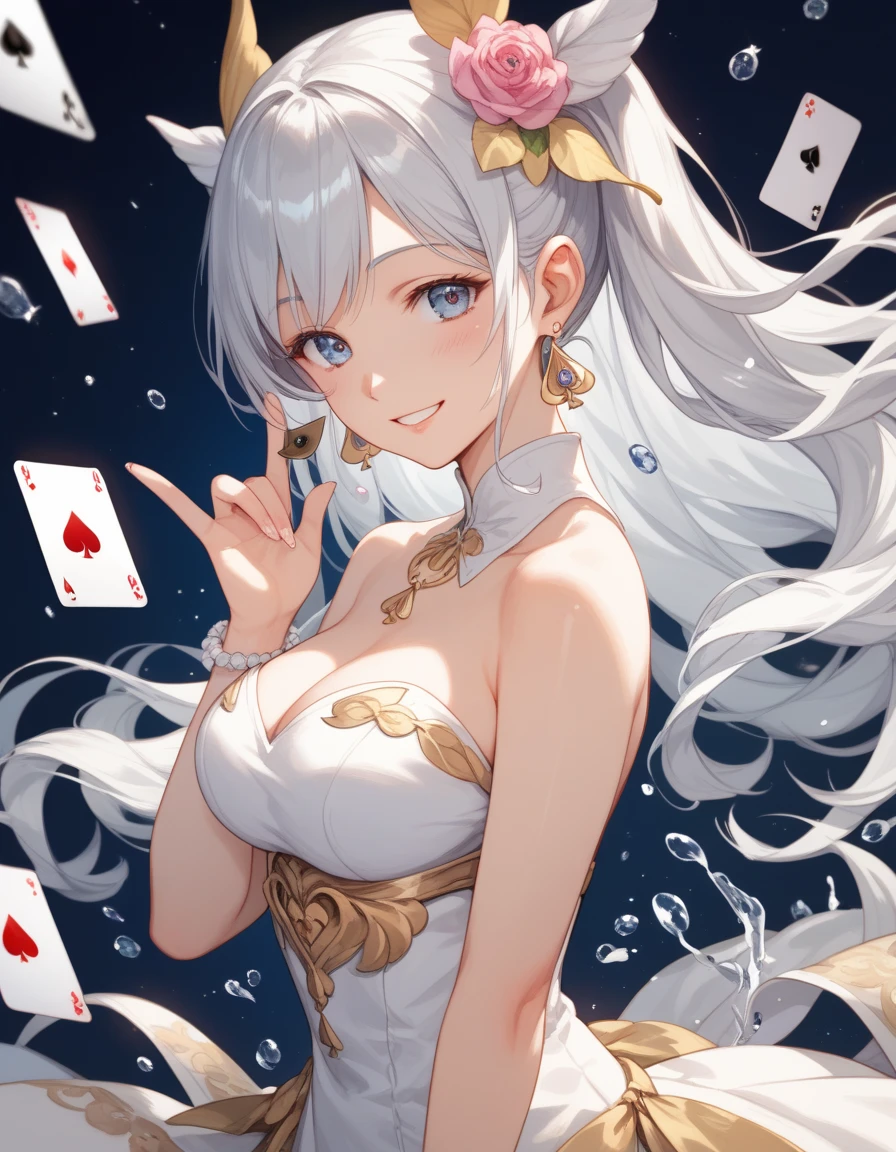 Draw to the smallest detail、Detailed facial depiction、Delicate painting、topless、Nipples are visible、Completely naked、The body is slim、Tight waist、No background、Beautiful Hair、Delicately draw the face、Drawing nipples、Character Sheet、Character Design、card、デザインcard、Face close-upを描く、Long Hair、Face close-up、Complicated hairstyle、Stylish design、Golden text、Princess、Small breasts、Small breasts、Draw a large face on the back、There is a giant face in the background.、Silver Hair、belly button、Waistline