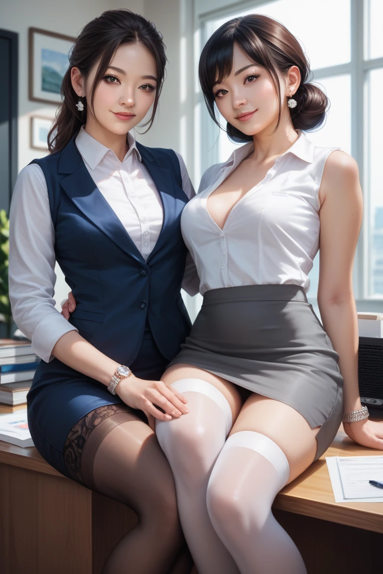 high qulity，Best quality at best，Full body like，Refined face，Nice face，long whitr hair，being thin，stocklings，lacepantyhose，tightsuit，office lady uniform，perfect body figure，high-heels，Raised sexy，Bigchest，Leaking skirt，At the office，huge tit，The shirt，Three beautiful Korean ladies，exposing her chest，long leges，Thin leg，
