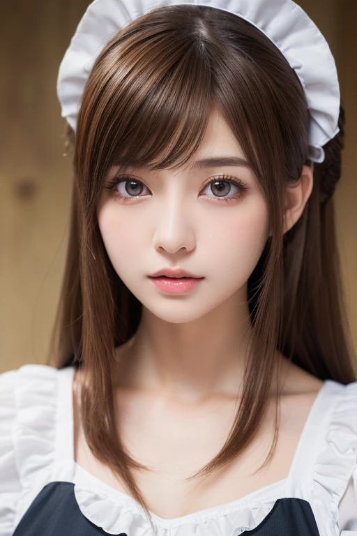 Detailed image of a young female character with medium length wavy brown hair。Her hair is decorated with a white ruffled headband and red roses on either side.。With large, expressive red eyes、A soft redness on the cheeks、She has a gentle and slightly surprised look on her face.。Her outfit is a classic maid's uniform.、She is wearing a black puff-sleeved dress with a frilly white apron.。The apron is fastened around the waist with a black corset-style belt.、The belt has a cross lace-up。On the neck、It has a red ribbon with a gold pendant in the center.。One hand raised to adjust the headband、The other hand is holding the skirt of the dress。The background is solid white、Highlights the characters and their detailed costumes。smile、Large Breasts、Large Breasts、Random sexy poses、The background is a mansion、marble、