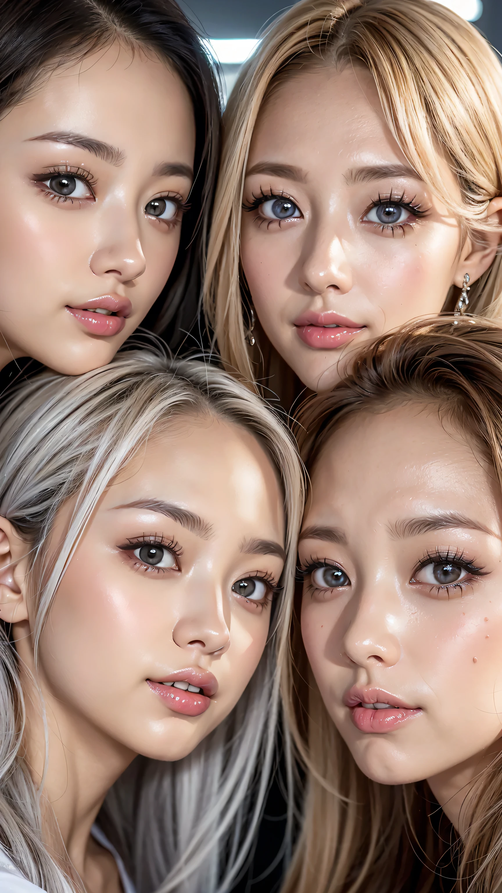 8k,high definition、 ultra clear 、 eyes match 、is staring at me、 I'm watching a close-up。My Face 、 すべての eyes match、 click here、I want to get close to beautiful women nearby 、 big nipples , huge nipples,Look at me with a smile 、vision、 Beautiful platinum colored hair 、 pose 、 4 beautiful women look at our beautiful long legs from an angle 、 I'm watching in close-up、I want to make eye contact with everyone, My lips stick out
