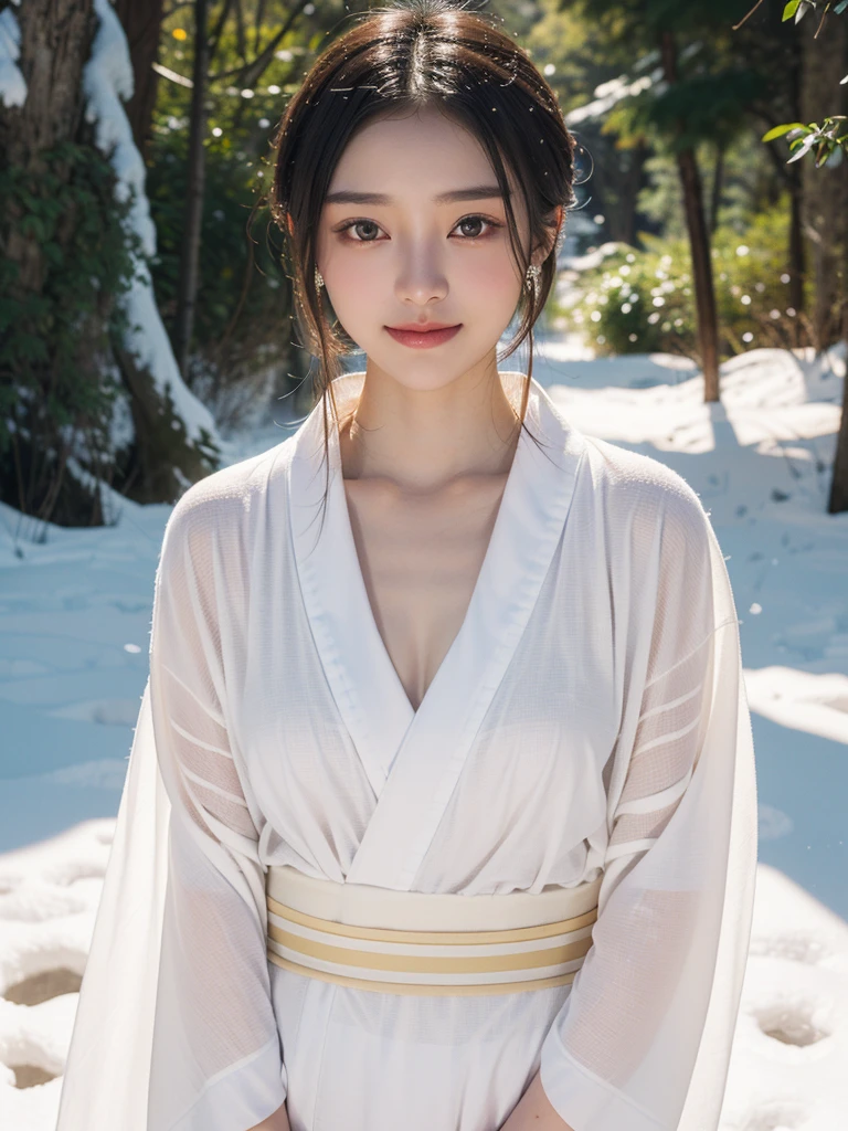 Delicate and dainty young woman with long glossy grey hair. She is wearing a white only short thigh-baring kimono. The background is a fantastic and ethereal night sky with a heavy snowstorm in the snow. atmospheric. 10 years old.