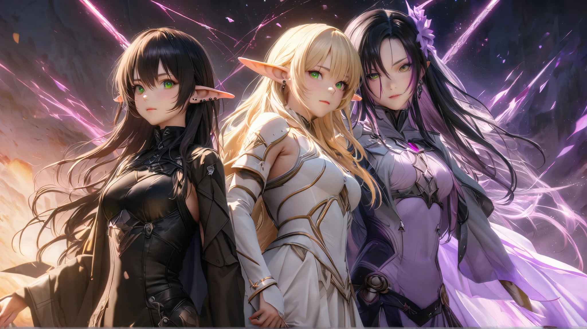Masterpiece, 4girls, each dressed as a maid. The maids are wearing identical uniforms, beauty and cute, high detailed, dinamic lighting, vivid colours, big breasts, massive cleavage exposed, A giant spacecraft navigating interstellar space, Sophisticated design, huge geometric figures stacked in layers,standing, white skin, blue eyeballs, blonde hair, happys, various hair styles, harem, perfect eye, perfect face, Symmetrical eyes, well-aligned, with a natural and proportionate gaze, Observing their master with a servile gaze, elfs, In the background are spaceships, red lips