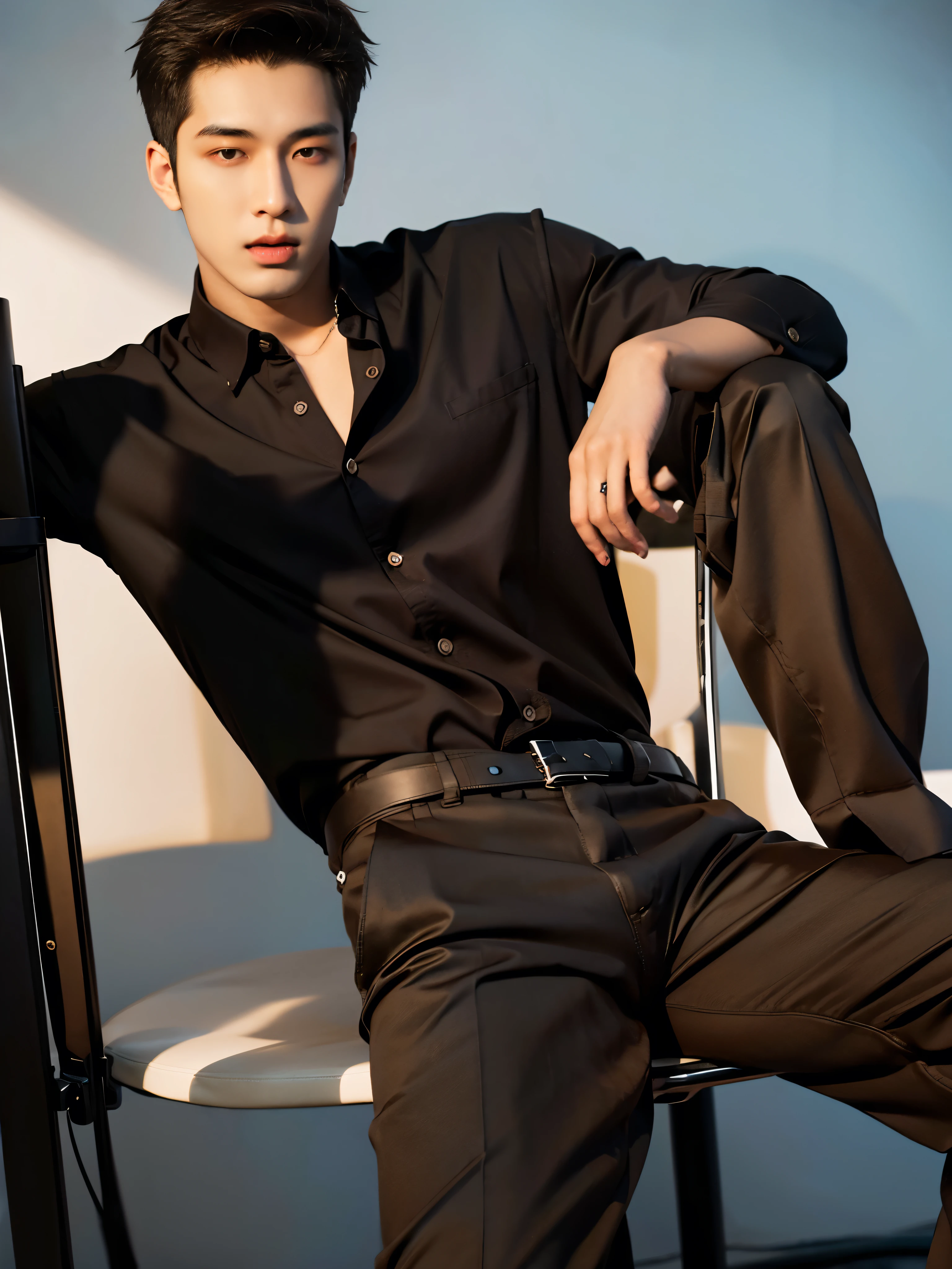 photography, masterpiece, best quality, 8k, highres, A Yung man,20 years old,Height 190cm,Tall model figure,(The most handsome man in the world),(((brown hair))) , (20 years old asian man:2) ,(black eyes), ((Korean man)), (((Asian Men))),handsome, with a sexy body, He poses handsomely,He is a Korean idol,((half body to knees shot)),(digital photography,realistic,Photorealistic,Photoreal) ,(bestquality), (top-quality), (high-level image quality), (macular man ),(dark skin:1.9),(macular man ),((alone)) ,(long pants),Korean Fashion,((complete clothes)),(((buttoned shirt))),(((buttoned shirt))),( long Pants),short sleeve shirt,trousers, shirt ,oversized,belt, short hair, Special Design shirt ,Fashion shirt ,Black and White Dress , relaxed pose,trousers, handsomely sitting on chair , trousers