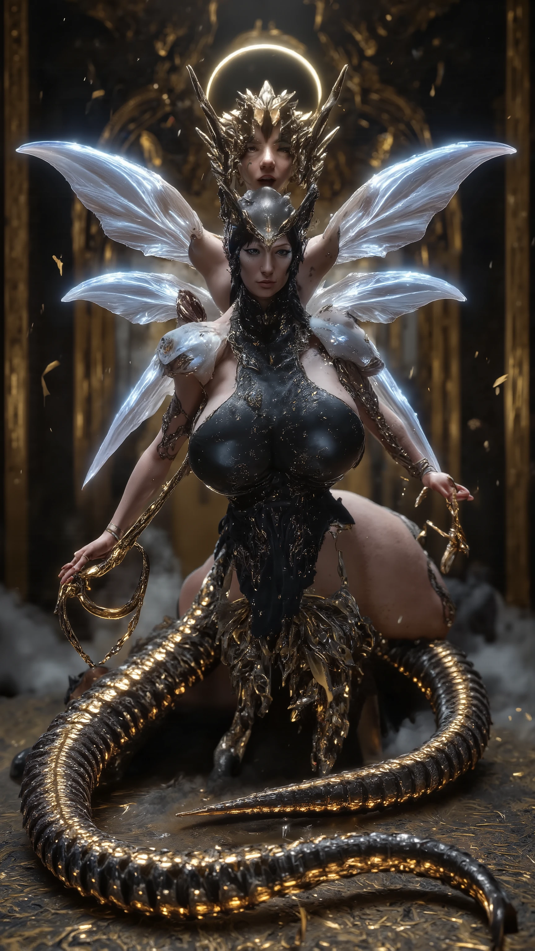 Woman naked in gold body jewelry, Highly Detailed Face and Skin Texture, ((white skin)) big green eyes, slim face, juicy lips, bimbo lips, ((big bimbo puffy breast,)), Small niples, piercing in niples, ((afro curly Black hair)), pale skin, Detailed Eyes, Double Eyelids, cyberpunk gold metal jewelry BDSM, gold metal cyberpunk tapes on body, metal Collar, gold body jewelry, naked, ((jewelry between her legs)), ((gold jewelry inside wagina)), wet skin, she is naked, She od wet, transparent substance liquid on her body, White skin, she is in Wilde dark jungle with big trees. masterpiece
