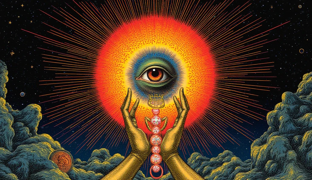 A UFO shot out of the pupil,Super Realism,The retinal structure is clear,Psychedelic Rock,author:Zdzislaw Bieksinski、