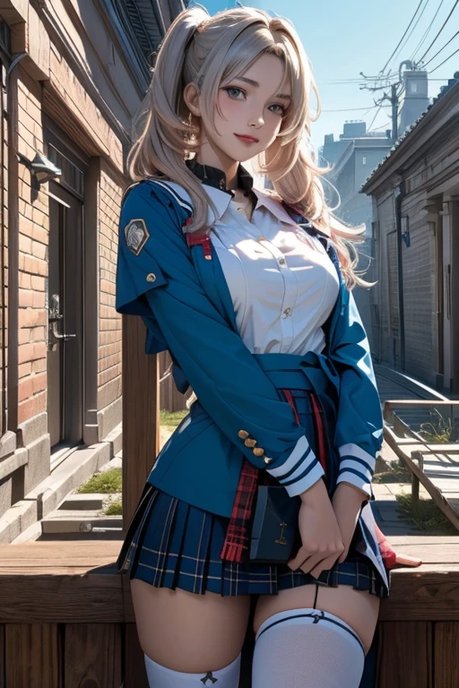 ((masterpiece))、(((Highest quality)))、((Super detailed)),((()))、(Blonde Short Hair)、(Barrette)、(((Hair on one eye)))、(((Hide one eye with hair)))、(((Red eyes)))、(Blue blazer)、White shirt、Red tie、Brown plaid skirt、Mao Sen Moon Song、