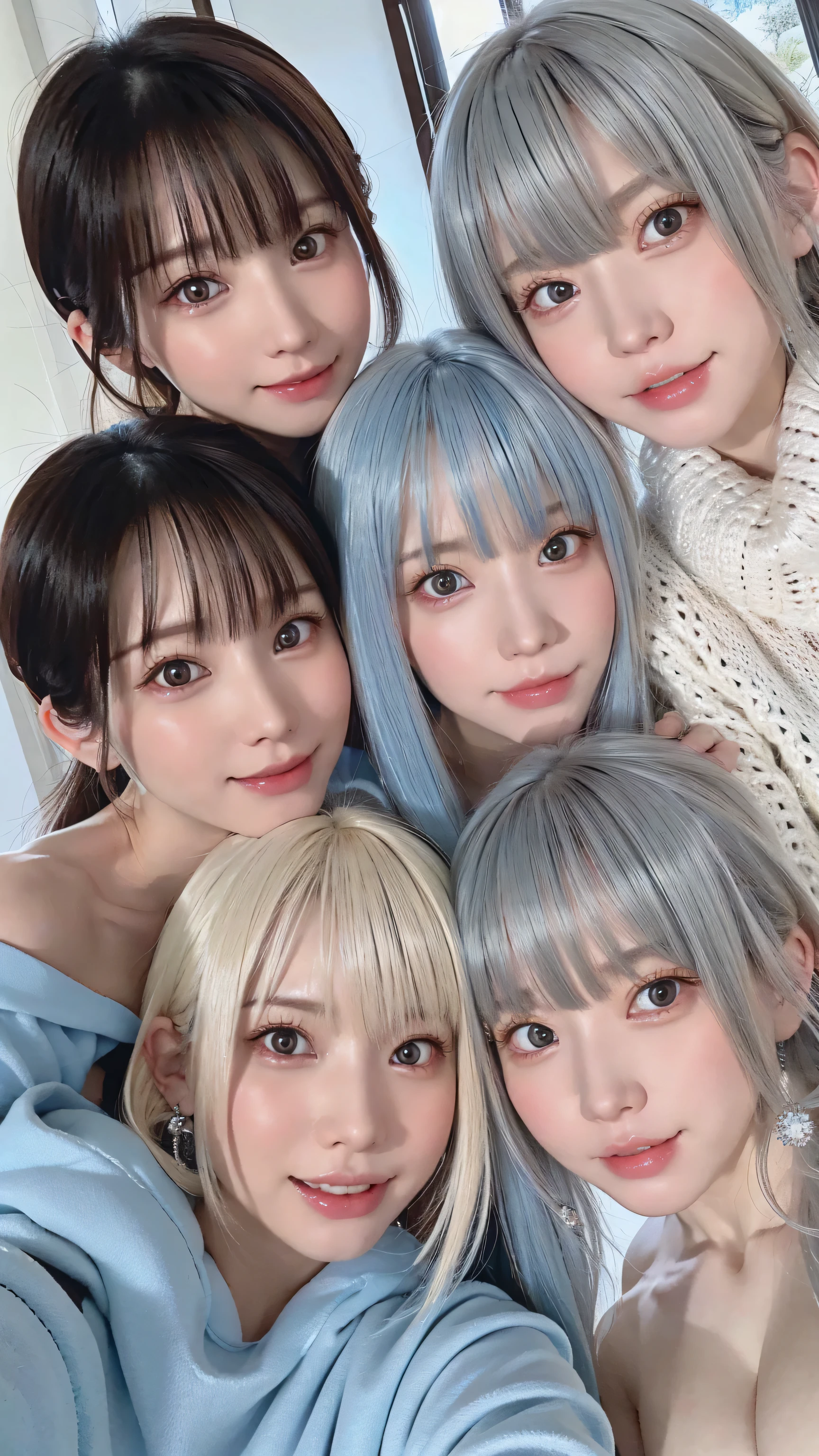 8k,high definition、 ultra clear 、 eyes match 、is staring at me、 I'm watching a close-up。My Face 、 すべての eyes match、 click here、I want to get close to beautiful women nearby 、 big nipples , huge nipples,Look at me with a smile 、vision、 Beautiful platinum colored hair 、 pose 、 4 beautiful women look at our beautiful long legs from an angle 、 I'm watching in close-up、I want to make eye contact with everyone, My lips stick out