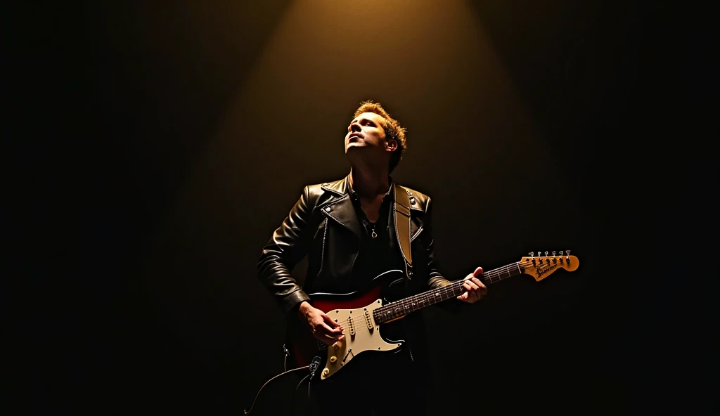 A cool and charismatic man with a rockstar appearance stands in the center of the frame, playing his electric guitar with deep emotion. He lifts his head upward, eyes closed, as if lost in the music, creating a powerful and emotional moment. The background is completely black, enhancing the dramatic effect, while a soft, warm yellow light gently illuminates him, casting subtle shadows on his face and highlighting his stylish leather outfit. The cinematic and aesthetic composition adds a melancholic yet epic rockstar vibe