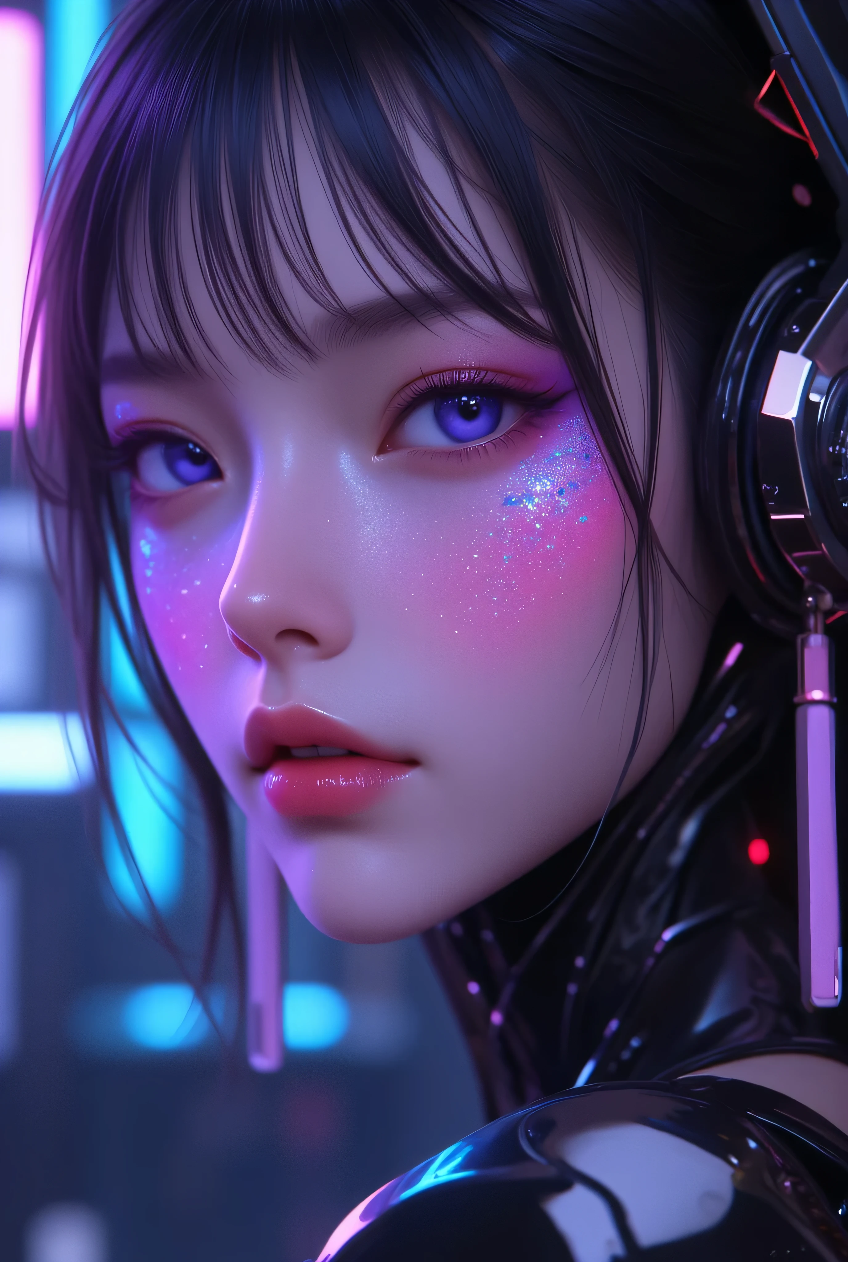 80’s glam rock makeup on shiny android face, anime, 2.5D, Glittery face, moody lighting, (purples, pinks, and blues), iridescent face, abstract ai model, pretty, sexy, minimal, sleek, slender, asian, elegant, chic, futuristic, retro, sophisticated half human half machine, close up face portrait, mouth open half, ((((ahegao)))),, half-closed eyes,