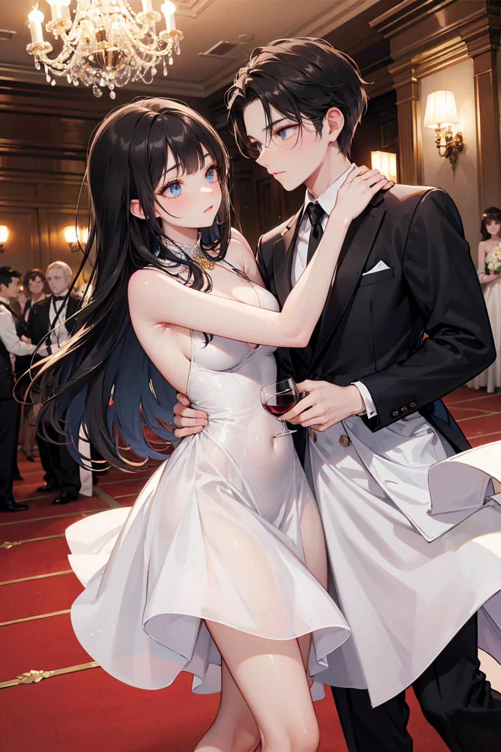 Male and Female、Black haired man and blonde long haired busty woman、Back to Back、Smiling、Completely naked、