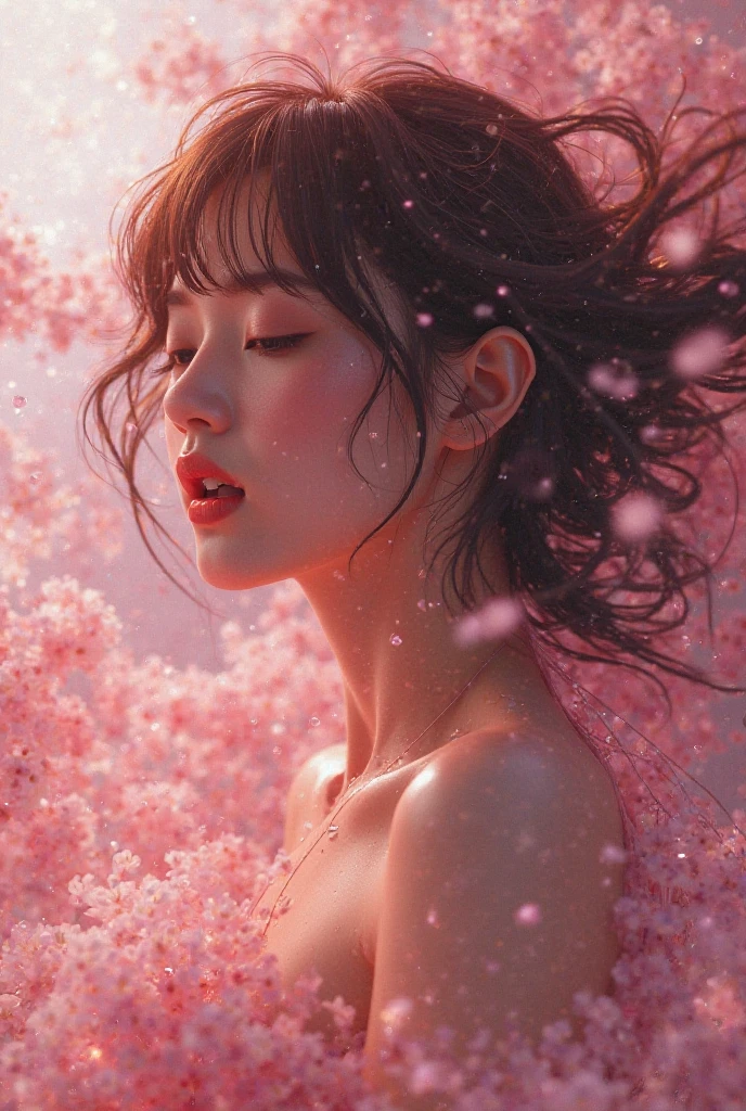 (Photorealistic: 2.0) (RAW Photo: 2.0), Best Quality, Masterpiece, Round Face, Hair Color Burgundy, Short Hair, Cherry Blossoms, Underwear, Low Angle, Night Sky --auto --s2