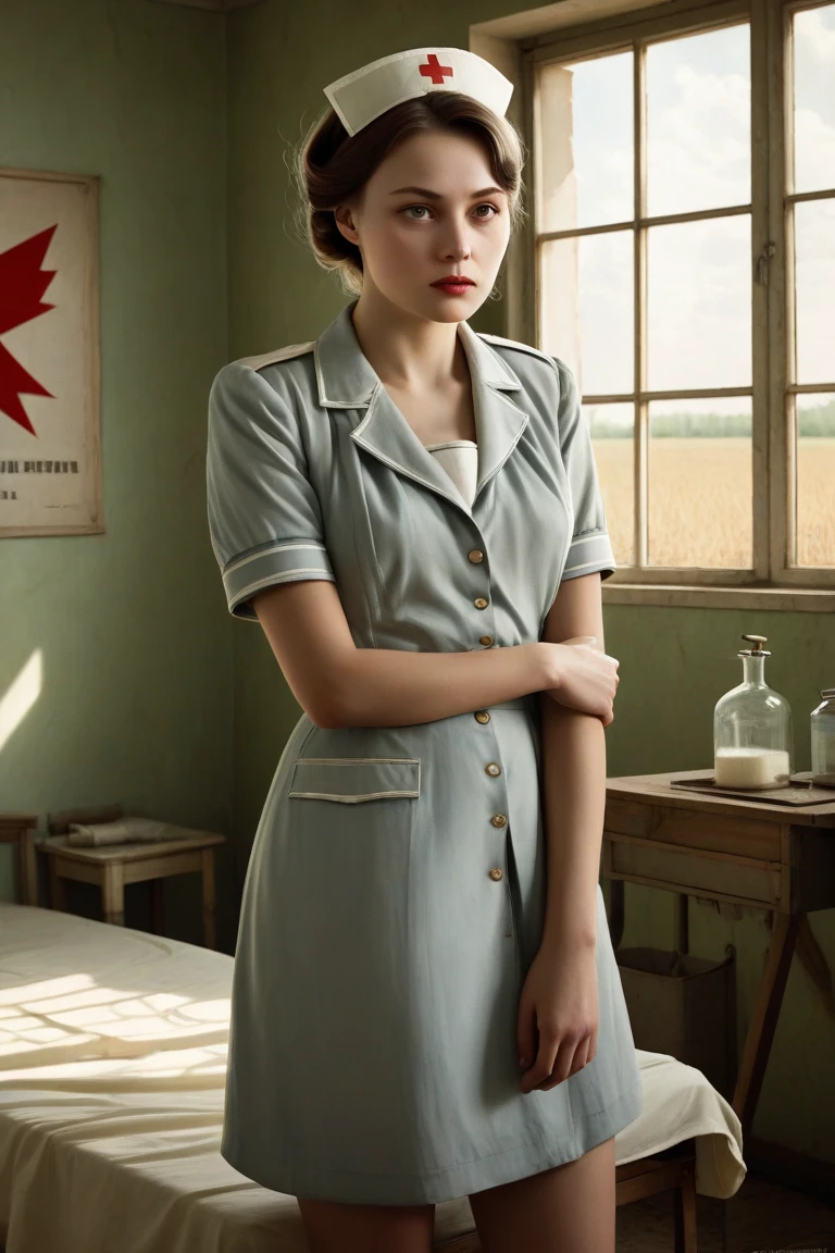 <lora:AudreyHepburn_v1-000014:.9> AudreyHepburn portrait, solo, upper body, looking up, detailed background, detailed face, (<lora:UraniumTech:0.6>, uraniumtech theme:1.1), battlefield-medic, calm, tattered military medic uniform, vest, army helmet, gloves, belt, red cross, military insignia, medical bag, bandages, triage, dirt , dynamic movement, war torn battlefield-hospital in background, under fire, intense action, planes in the air, emergency, epic atmosphere,