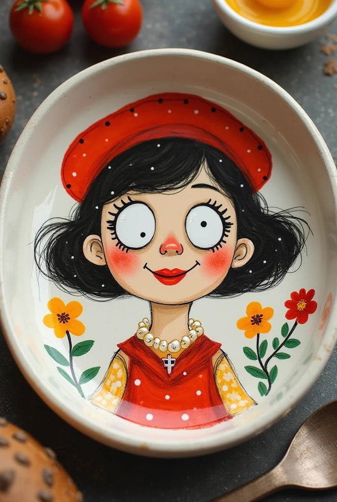 A decorative ceramic dish features a whimsical, painted design of a girl with oversized eyes and a red beret.
The scene is composed as a stylized portrait of a girl. The figure is centered within the dish, which has a shallow, rounded shape. Her expression is playful and engaging, emphasized by large, expressive eyes and a slightly open mouth. The girl's attire includes a red beret and a patterned dress. The color palette utilizes vibrant colors like red, yellow, and green, contrasting with the neutral background. The artistic style is whimsical, characterized by simplified forms and exaggerated features, giving the scene a like quality. The details, such as the flowers, and the pearls around her neck, are meticulously rendered.
The central subject is the girl, depicted with exaggerated features, large eyes, and a vibrant red beret. Her skin tone is a light beige, and her facial expressions suggest a joyful, almost playful attitude. Her attire appears as a red dress and a beret, with her dress exhibiting decorative patterns.
The artwork appears to be hand-painted on a ceramic dish. The lines are expressive and slightly uneven, giving the piece a tactile feel. The colors are bright and saturated, creating a bold and lively aesthetic. The artist utilizes a distinct style, emphasizing expressive features, which combines cartoonish elements with a decorative touch.
The setting is contained within the confines of the dish. The overall atmosphere is bright and cheerful, as conveyed through the use of vibrant colors and the whimsical imagery. The lighting is assumed to be ambient, with the color tones contributing to the positive and playful mood of the piece.
