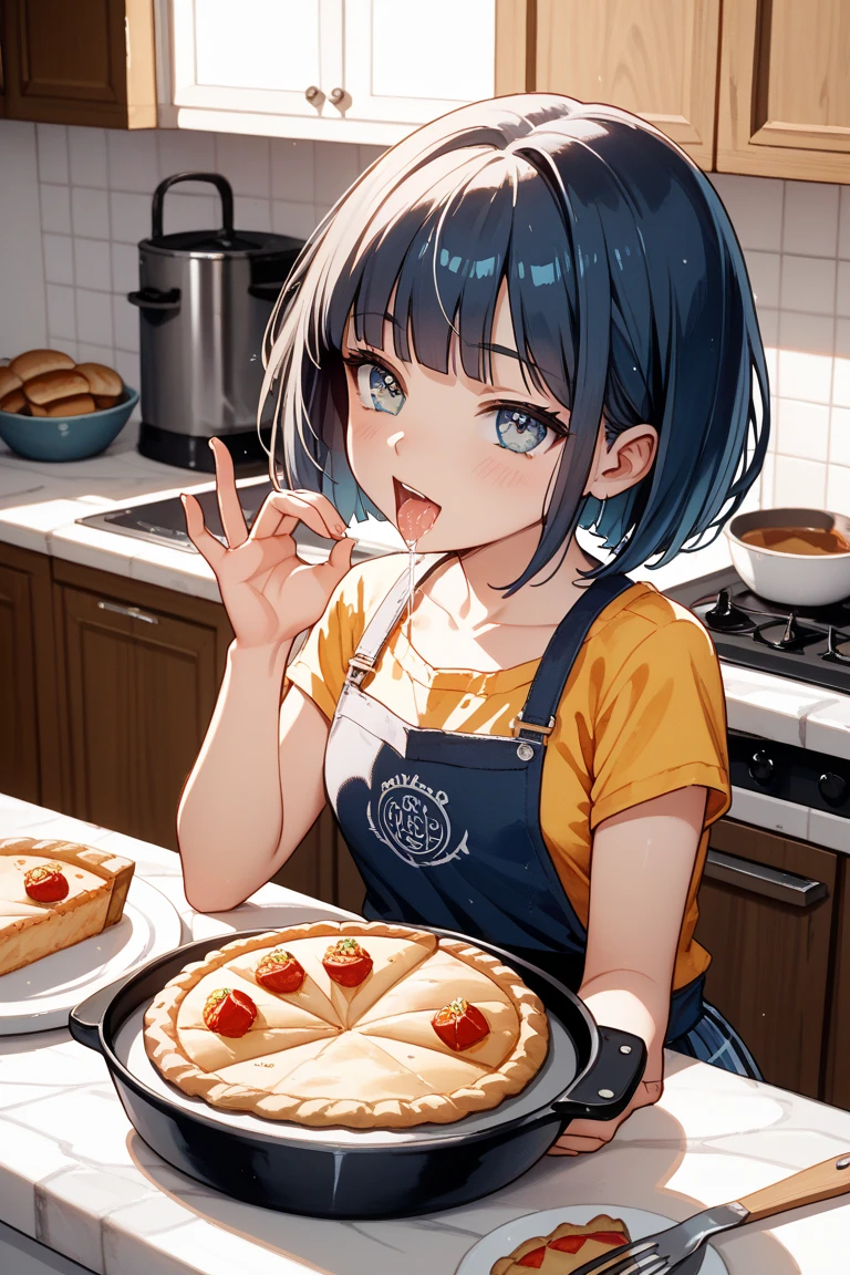 high school girl bob cut pie pan fellatio gesture drool watercolor