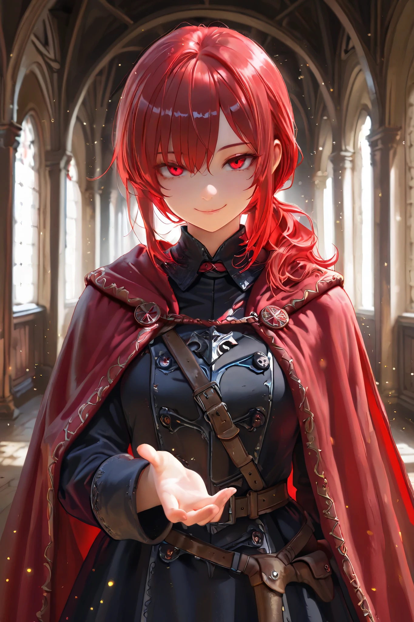 masterpiece, best quality, detailed eyes, semi realistic, 8k, girl, pure, emotionless, red low ponytail hair, red eye, fantasy hallway, black medieval luxury uniform with red accessories, nobility, red particle on her hand, little bit smile, red fluffy cape, looking down at viewer, evil smile, shiny particles on herself left hand