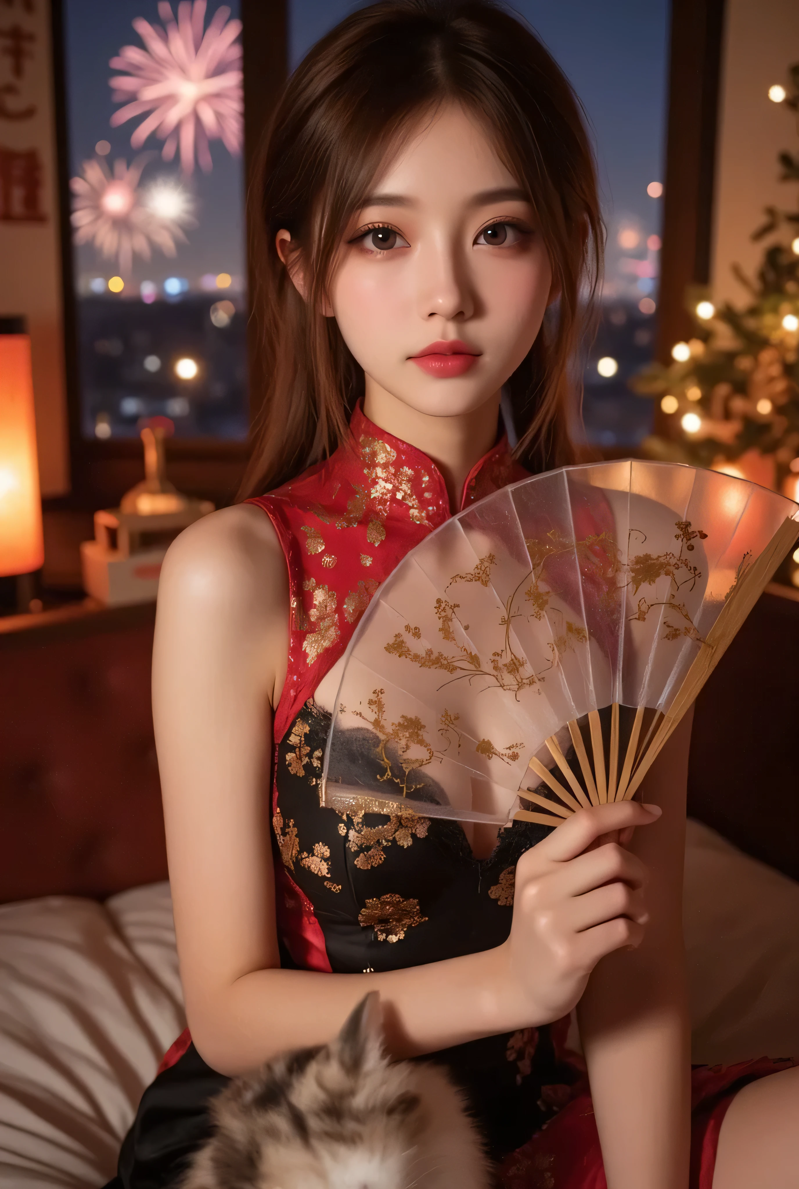 Cat ears、 face up, attractive, pretty girl, ponytail、 (( fine facial features , eroticism)), dramatic lighting , realistic , 8k, Dramatic Shadows , intricate and elaborate patterns , super detailed photo , chiaroscuro lighting , Pleasant colors , deep contrast , super real 、 pink lipstick、 warm room、Vintage Fireplace 、 cinematic composition、Close-up of face, pretty half part transparent open shoulder loose outfits dress, tang style, A beautiful Korean idol wearing a one piece red- black tightly cheongsam with phoenix and intricate floral golden embroidery, golden and silver outline on dress, hand hold pink feathers transparent Chinese fan with golden ink painting of bird and tree , standing gracefully in a room filled with traditional Chinese New Year decorations. The room features vibrant red lanterns, decorative calligraphy scrolls, a small Chinese orange tree with golden ornaments, and several red envelopes scattered across the floor and hanging from the tree. Adorable, playful cats are part of the scene—some sitting near the tree, others curiously pawing at the red envelopes or lounging around. Through a window or an open door in the background, vibrant Chinese fireworks light up the night sky in an array of reds, golds, and blues, casting a magical glow into the room. The idol’s outfit is paired with subtle accessories like red hairpins or earrings, complementing the festive look. The atmosphere is warm and lively, filled with the joyful essence of the celebration, enhanced by the shimmering lights of the fireworks and the lively decor.