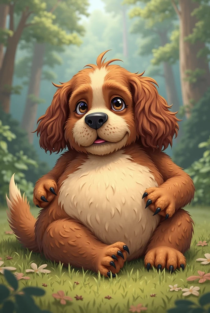 feral furry cartoon cocker spaniel obese big belly laying on side