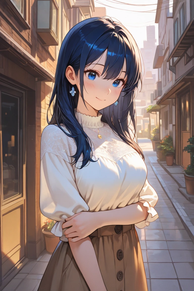 1girl,(gray black hair),spread short ponytail,blue eyes,large breasts,smile,casual