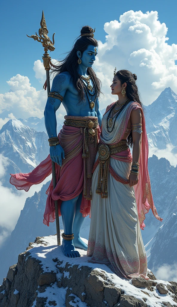 Lord Vishnu standing in front of Lord Shiva on a mountain top. Shiva, with his blue skin, ash-covered body, and a serene expression, listens attentively. Vishnu, with his four arms, is humbly requesting Shiva for the Sudarshan Chakra. The background shows a misty mountain range, and there is a slight breeze, making the scene feel divine.