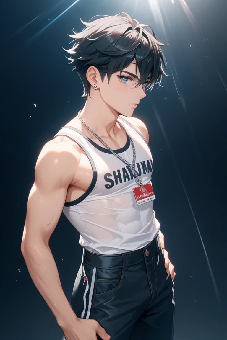 Sixpack anime guy in black tanktop, arms up, sweaty armpits