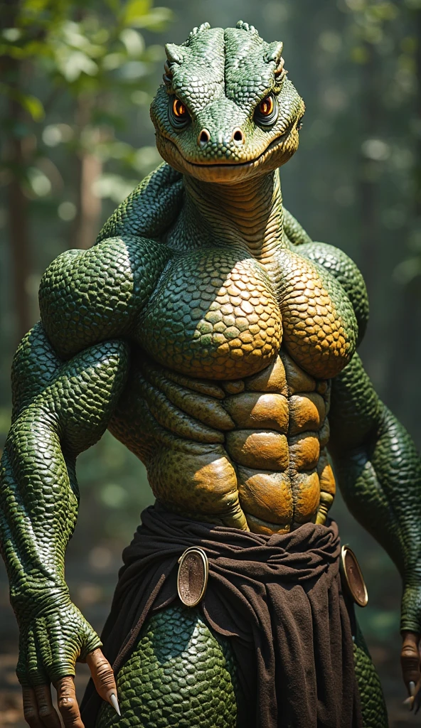 Create a warrior-style man with a lizard, new species mutated into man, strong character, kind and a little rough,with warrior armor but with the properties of the skin of a lizard leiolepis rigovantrii. 