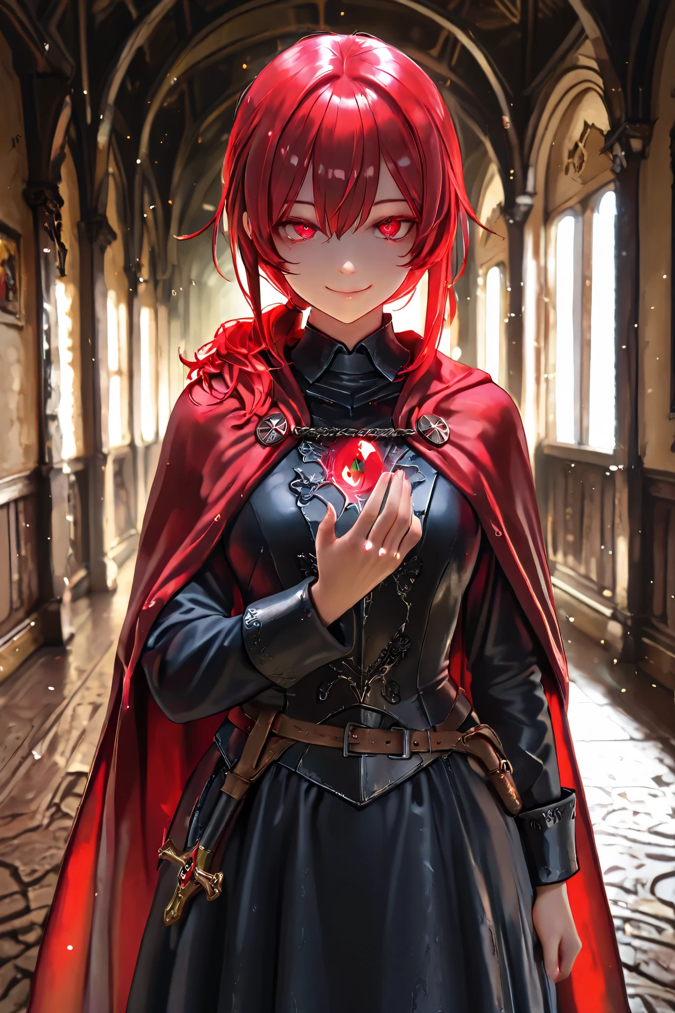 masterpiece, best quality, detailed eyes, semi realistic, 8k, girl, pure, emotionless, red low ponytail hair, red eye, fantasy hallway, black medieval luxury uniform with red accessories, nobility, red particle on her hand, little bit smile, red fluffy cape, looking down at viewer, evil smile, shiny particles on herself left hand