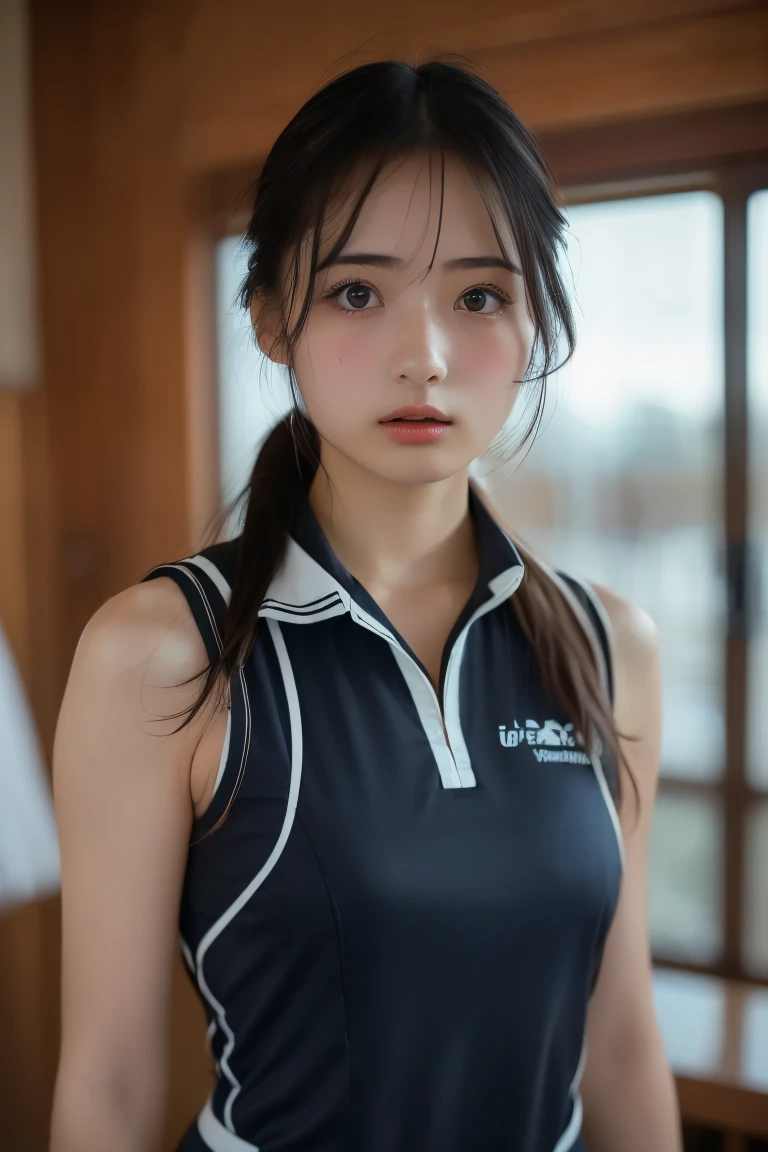 (High resolution:1.3), (16k, Photorealistic, Raw photo, Best image quality: 1.4), Japanese, (One Girl), Beautiful Face, (A vivid face), (Black-haired、Long Hair:1.3、bangs:1.2), (Black Eyes 1.3), Beautiful Hairstyles, Realistic eyes, Beautifully detailed eyes, (Realistic Skin), Beautiful skins, attractive, 超A high resolution, Surreal, High detail, Golden Ratio, Highly detailed cute girl,(20-year-old), (Clothes:0.01), locker room