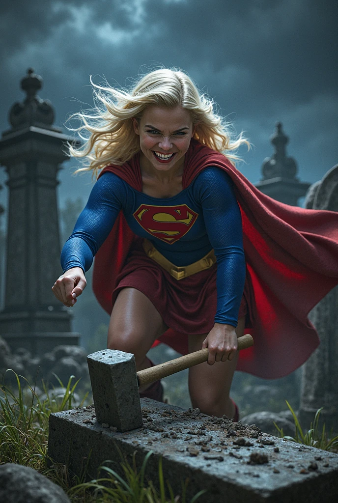 (((De primerísimo primer plano una hermosa mujer de rodillas yelling))),(((Long blonde hair tied up in a braided ponytail))),(((Hair six feet long)))Charlize Theron under the mantle of the Kryptonian Kara zor-El alias Supergirl))),(((On knees gritando de dolor))),(((Blue leather suit with tiny scales on the suit))),(((Red skirt Supergirl emblem on her costume))),(((Silver metal bracelets on their wrists))),(((Long red boots up to her knees))),(((On knees (((yelling))) mortally wounded (((Blood on his chest))),(((Green flourescent kryptonite on the wound))),(((Blood around skulls in cemetery))),(((Green flourescent magic running through all the veins of his body))),(((yelling de dolor))),(((Green flourescent magic around his entire body))),(((hair dragging on the floor)))
