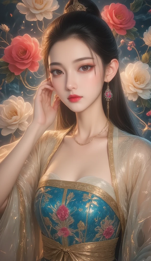 (sfw:1.5)、High resolution symmetrical images, 21 years old, Japan, Movie photo with tattoos on waist, chest and arms, Cleavage、((Close-up face:1.1))、Upper body portrait、(((Full body tattoos)))、 (Lotus tattoo)、 ((Close-up chest:1.5, Underarm, 胸のAngle from below)), Blonde braids, short hair, ((Art Nouveau)), (Ecstasy Face), (Alphonse Mucha), Small earrings, ((Darkness of the night)), Angle from below、(Anatomically correct)、(Perfect body proportions)、(Natural Hands、Natural Fingers)、(Breast Goddess, Woman born from flowers, ((Round face)), Realistic Eye Size, Droopy eyes, smile,Bathed in the moonlight、Big Eyes、Droopy eyes