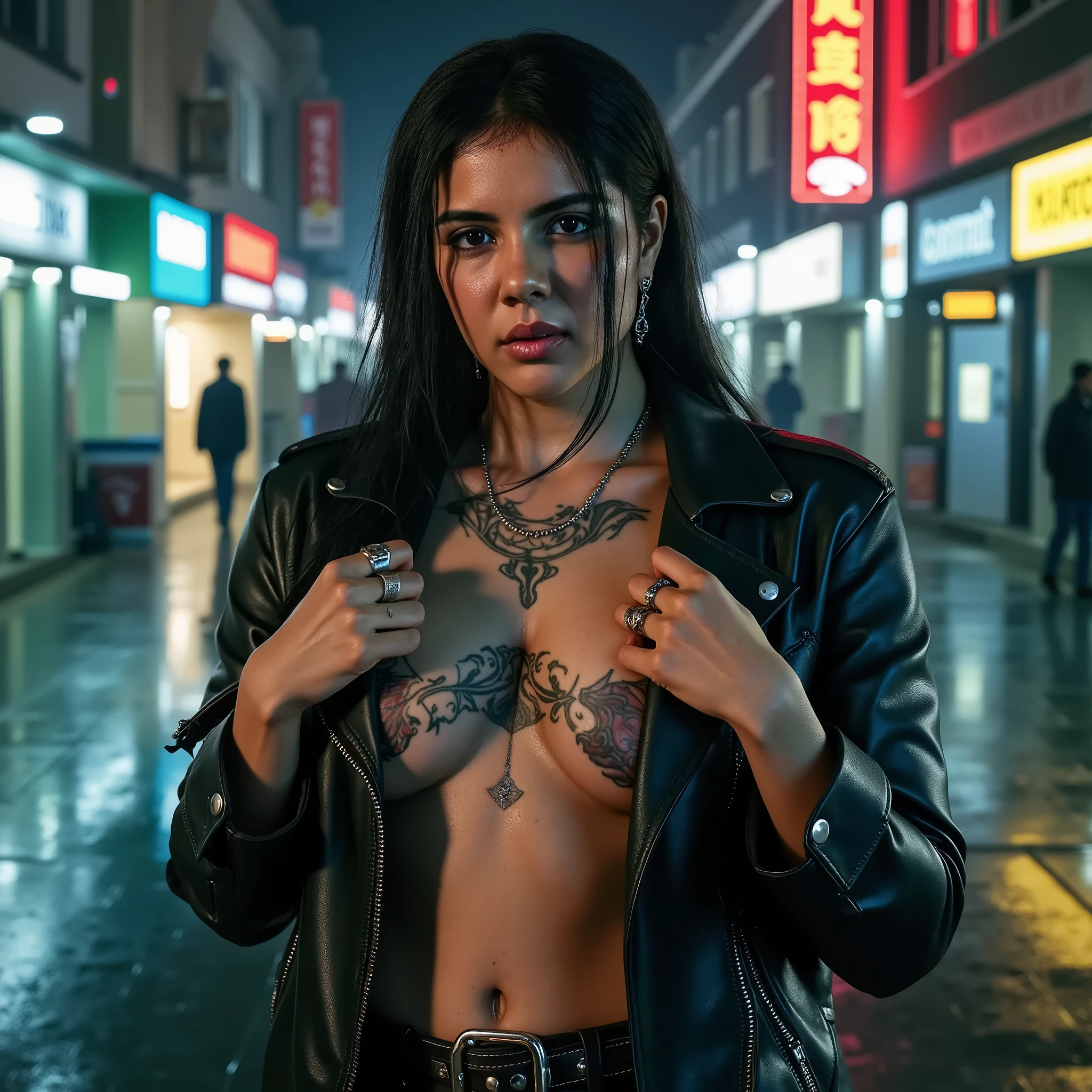 A fierce, tattooed woman with long black braided hair, standing in a dark cyberpunk city street at night, with neon lights reflecting off wet pavement under the rain. She has an intense, piercing gaze, tribal tattoos on her forehead, chest, and torso. She wears a black leather jacket, fully open, revealing only her bare cleavage and navel, without any additional clothing underneath. The jacket is slightly wet from the rain, adding to the cinematic realism. She has a black leather skirt with metal studs and a thick, studded belt. She wears multiple rings and a thin silver chain necklace with a small pendant. The background consists of glowing neon signs, a cyberpunk cityscape, blurred figures in the distance, and light rain falling, enhancing the moody, atmospheric feel. The street is wet and reflects the neon lights, creating a visually striking effect. The lighting is dramatic and moody, ultra-realistic, hyper-detailed, cinematic quality