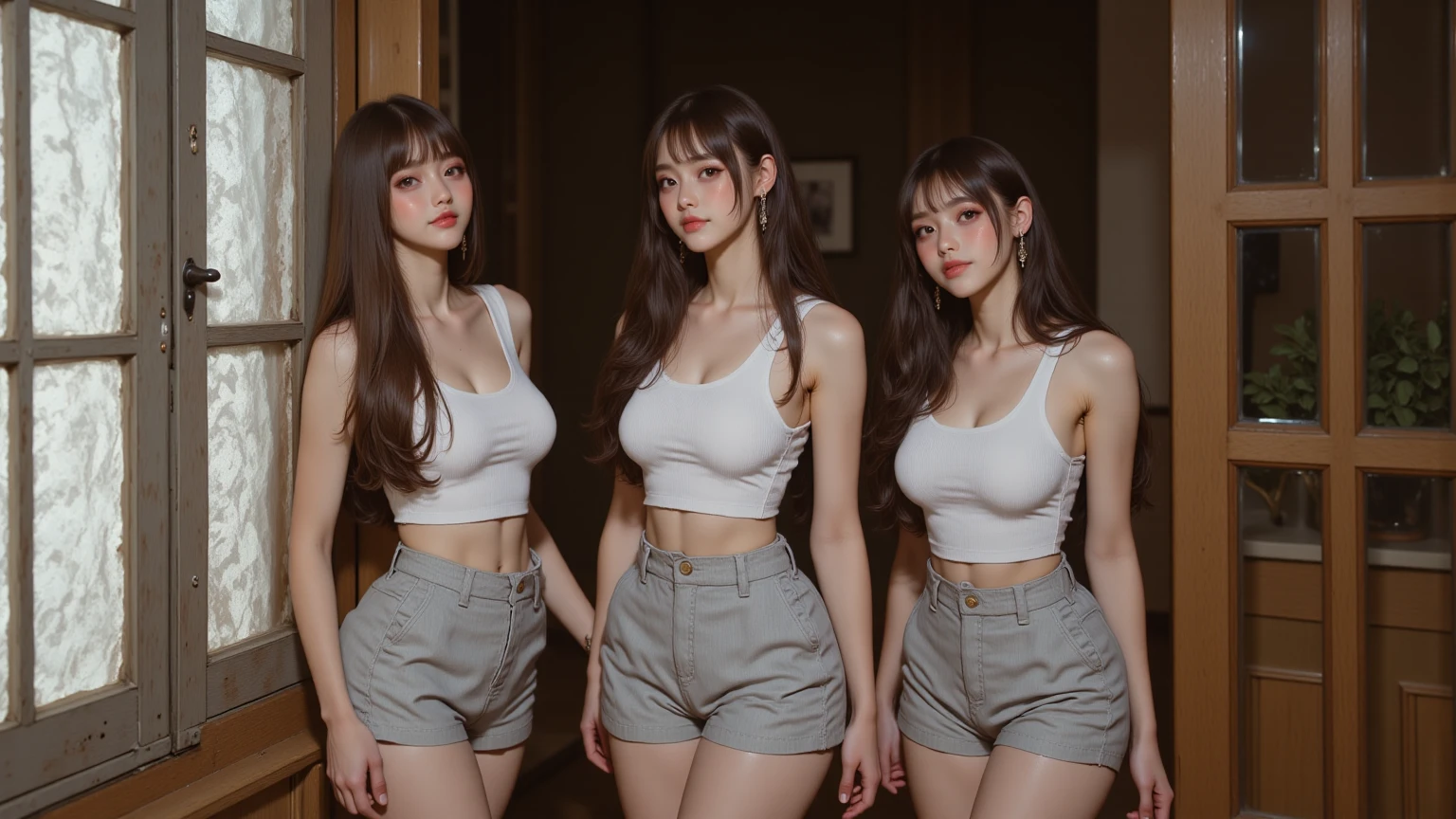 3 Girls、Photorealsitic, A high resolution, 3 girls, korean people, heterochromatic eyes, brunette color hair、Black camisole