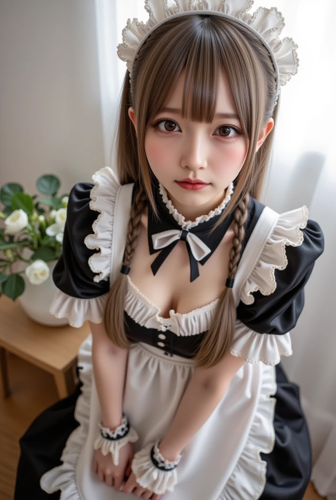 sleep with stuffed animals、Wear a costume、 masterpiece、One girl per photo、Thighs、stockings、Full Body Shot、Front view、Young and beautiful woman in Japan、Wearing a cute short-sleeved satin silver black maid outfit、With a big smile、White ruffled headband、White frilly apron、Black choker、Charming person、Very cute face、Glossy Lips、Sweaty body、Double eyelids on both eyes、 Natural Makeup、Long eyelashes、Long Bob Hair、Shiny and smooth light brown hair、Asymmetrical bangs、Sunburned skin、Center image、8k resolution、Advanced Details、Detailed hairstyle、Detailed face、Great cinema lighting、Octane Rendering、Vibrant、Ultra-realistic、Perfect limbs、Perfect Anatomy、Huge