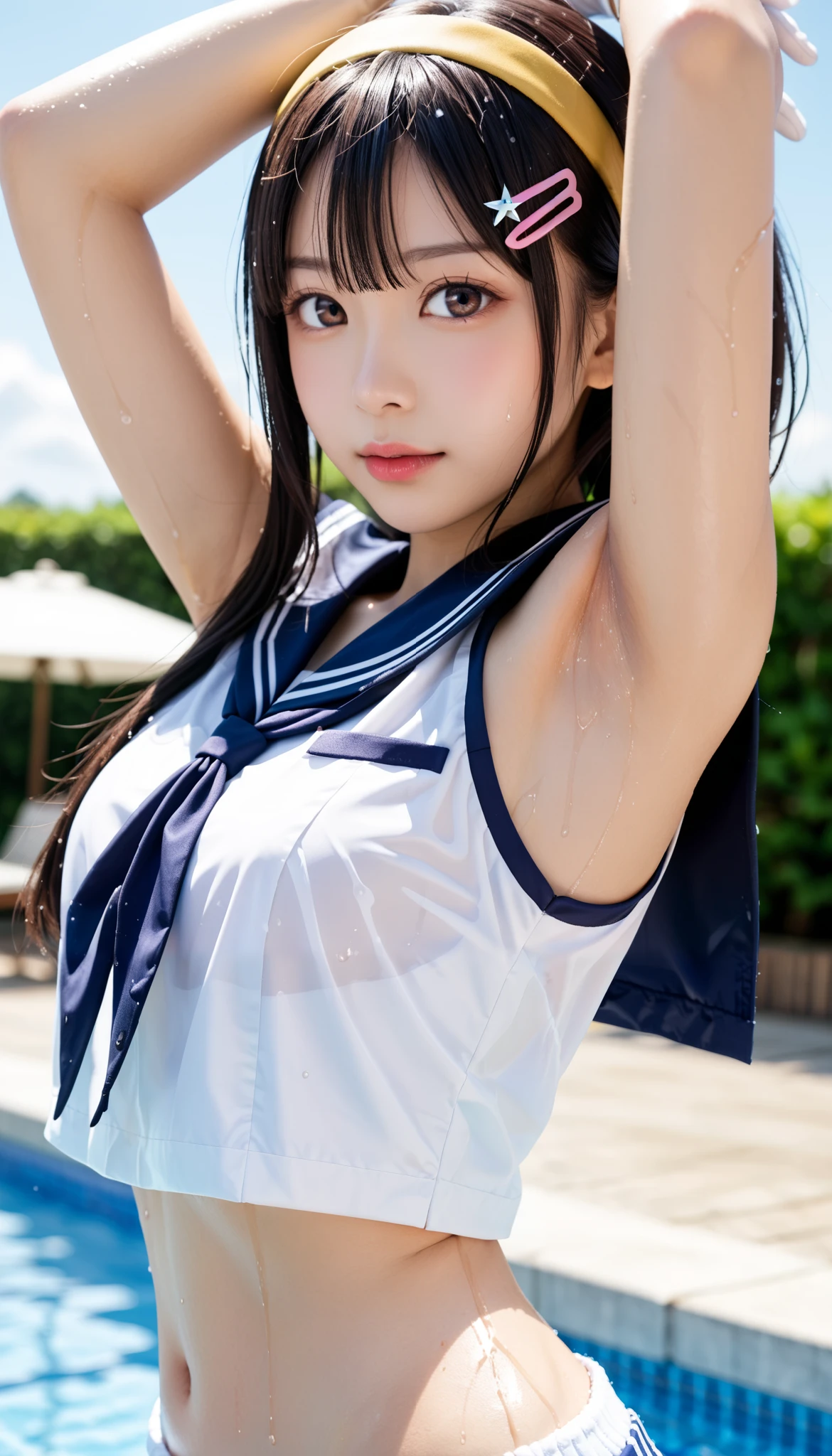 ((top-quality、masuter piece:1.3))、201 year old girl、Beautiful girl emphasizing slender abs:1.3、((Random hairstyle、huge-breasted:1.2、constricted hips、Sheer nipples、See-through clothing))、Wet string clothes:1.2、hyperdetailed face、A detailed eye、二重まぶた、barechested、Full body like、Sexy Sailor Suit、((Recurve the body、barechested)、a wet body、((Short bob cut、barechested、Hide the pubic area with your hands、Nankoku Resort、Beautuful Women、See-through sailor suit))、Hide the pubic area with a string、Beautuful Women
