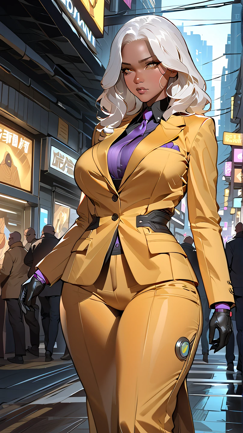 girl,((((black race)))),((beautiful girl)),
(large breasts:1.4),saggy breasts,(((black hair:1.4,hi-top fade Haircut:1.4,hi-top fade:1.3,Mohawk))),(((golden_eyes:1.3))),intricate eyes,beautiful detailed eyes,symmetrical eyes,((fat)),(((an,dark skin,black skin:1.35,dark-skinned_female,dark skin:1.3,ebony skin,lustrous skin:1.5,bright skin: 1.5,shiny skin,very shiny skin,shiny body,illuminated skin,wet legs))),(spider lower abdomen,narrow waist,wide hip,imbo body,inflated legs, thick thighs,detailed body,(detailed face)),
cute,slutty,seductive,erotic,(((nsfw))),evil woman, villain, ambitious look,
(((golden formal blazer,black formal pants,))),(((huge cleavage,deep neckline,cleavage))),((wet clothes,intricate outfit,intricate clothes)),
(dynamic pose:1.0),solo focus,((smug)),(centered,scale to fit dimensions,Rule of thirds),
cyberpunk city by the ocean at night, with bright neon signs and dark stormy clouds and puddles, scenery:1.25,nighttime, starry night, cosmos,Very dark night that makes the neon lights stand out, very bright neon lights,nighttime, starry night, cosmos,
highres, sharp focus, (ultra detailed, extremely detailed), (photorealistic artwork:1.37),(extremely detailed CG unity 8k wallpaper),((synthwave background theme)),(((vibrant colors))),(intricate background),(masterpiece),(best quality),