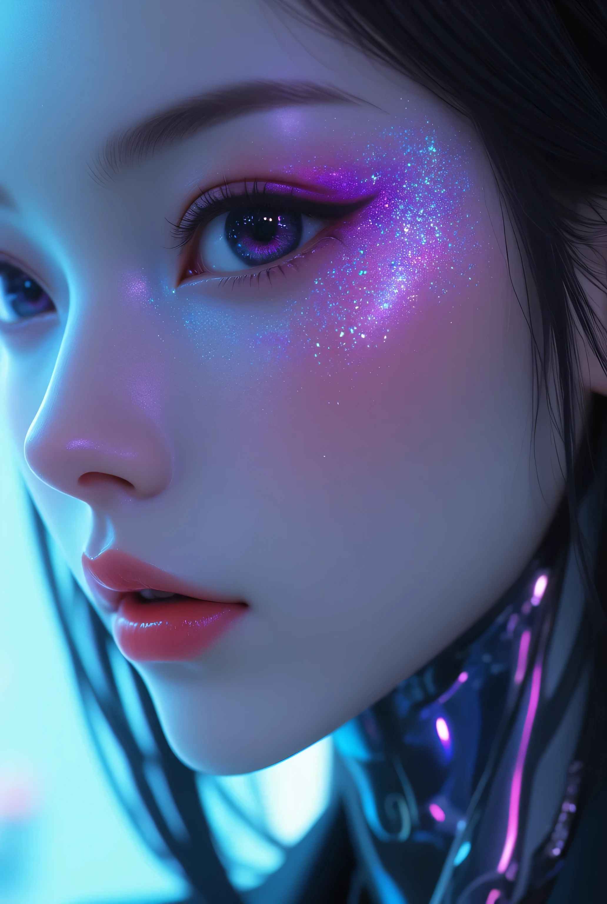 80’s glam rock makeup on shiny pretty Chinese lady android face, anime, 2.5D, Glittery face, moody lighting, (purples, pinks, and blues), iridescent face, abstract ai model, pretty, sexy, minimal, sleek, slender, asian, elegant, chic, futuristic, retro, sophisticated half human half machine, close up face portrait, mouth open wide, ((((ahegao)))), half-closed eye,
