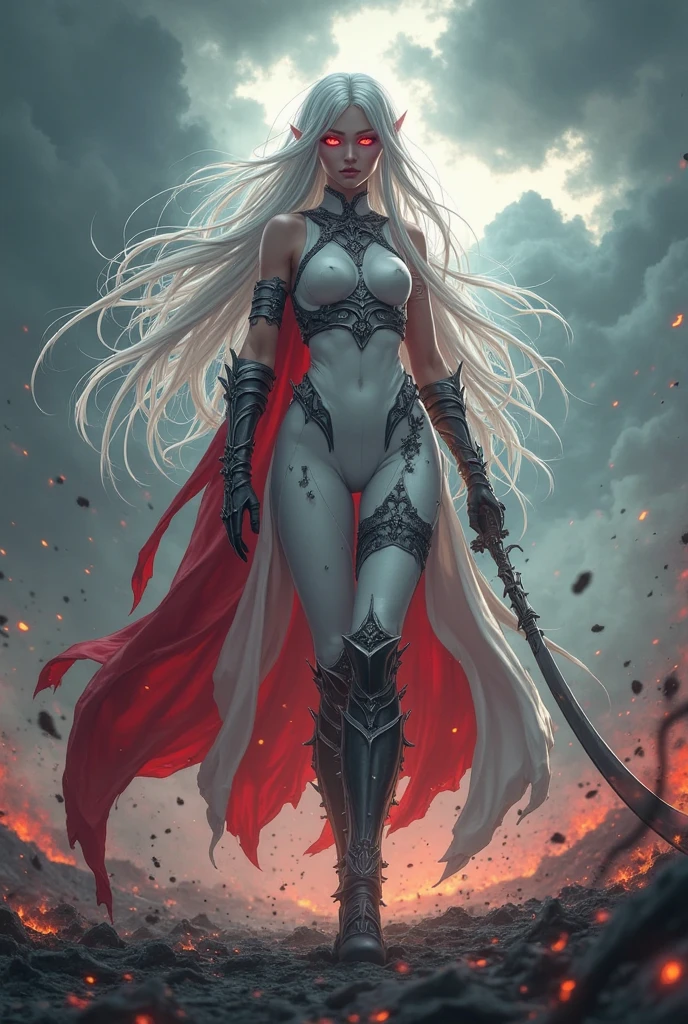 A female model wearing a sexy leather bikini, fluttering cape, white skin, long legs, tall figure, bikini, stockings, delicate boots, standing in the flame storm, movie lights, full body