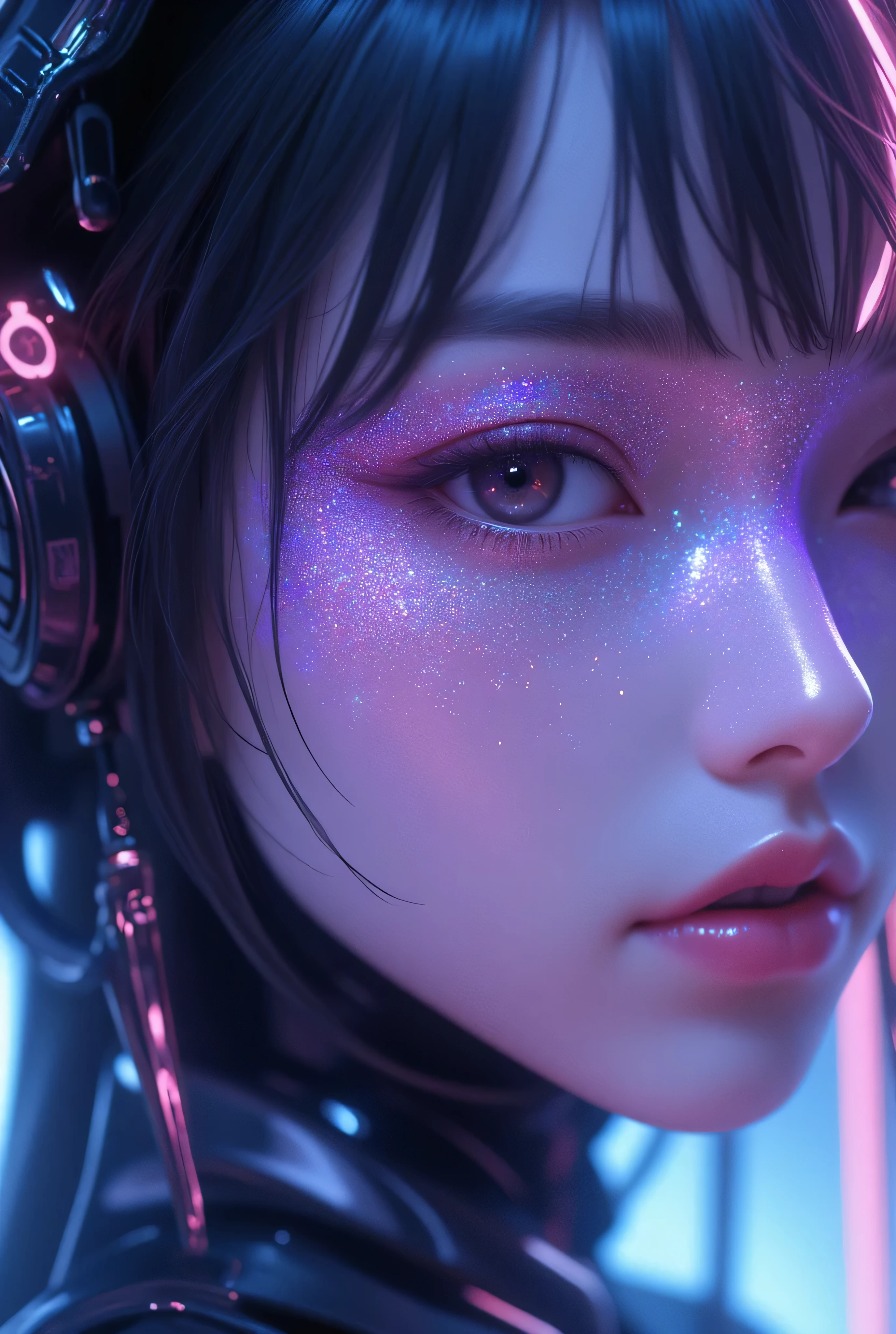 80’s glam rock makeup on shiny pretty Chinese lady android face, anime, 2.5D, Glittery face, moody lighting, (purples, pinks, and blues), iridescent face, abstract ai model, pretty, sexy, minimal, sleek, slender, asian, elegant, chic, futuristic, retro, sophisticated half human half machine, close up face portrait, mouth open wide, ((((ahegao)))), half-closed eye,