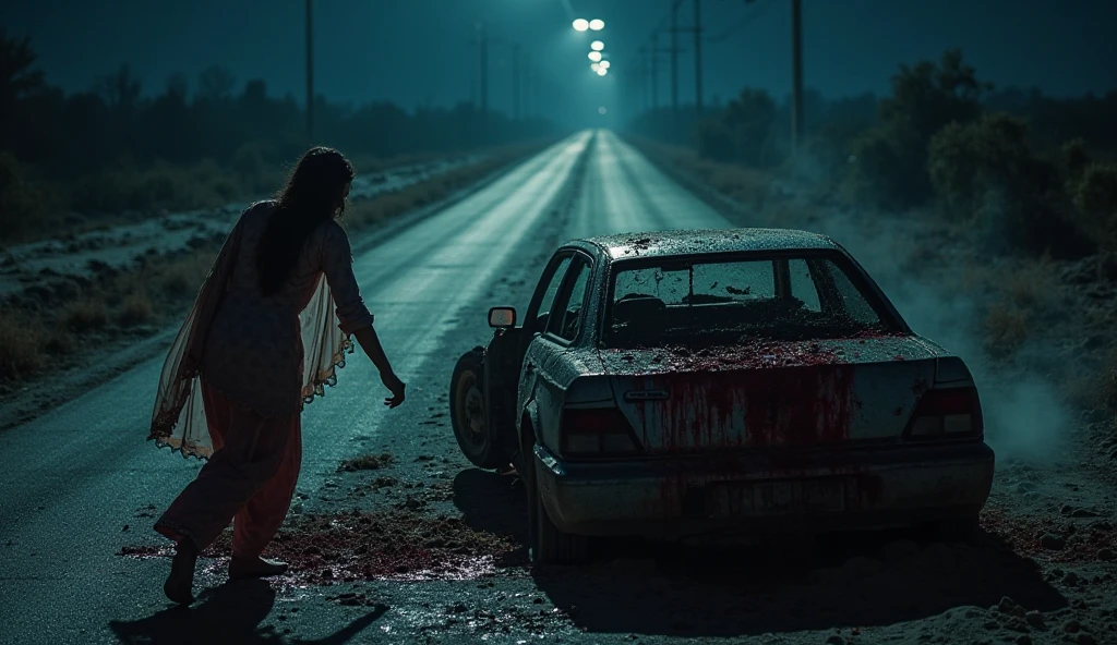 girl stands near car girl looks at maniac body girl half naked