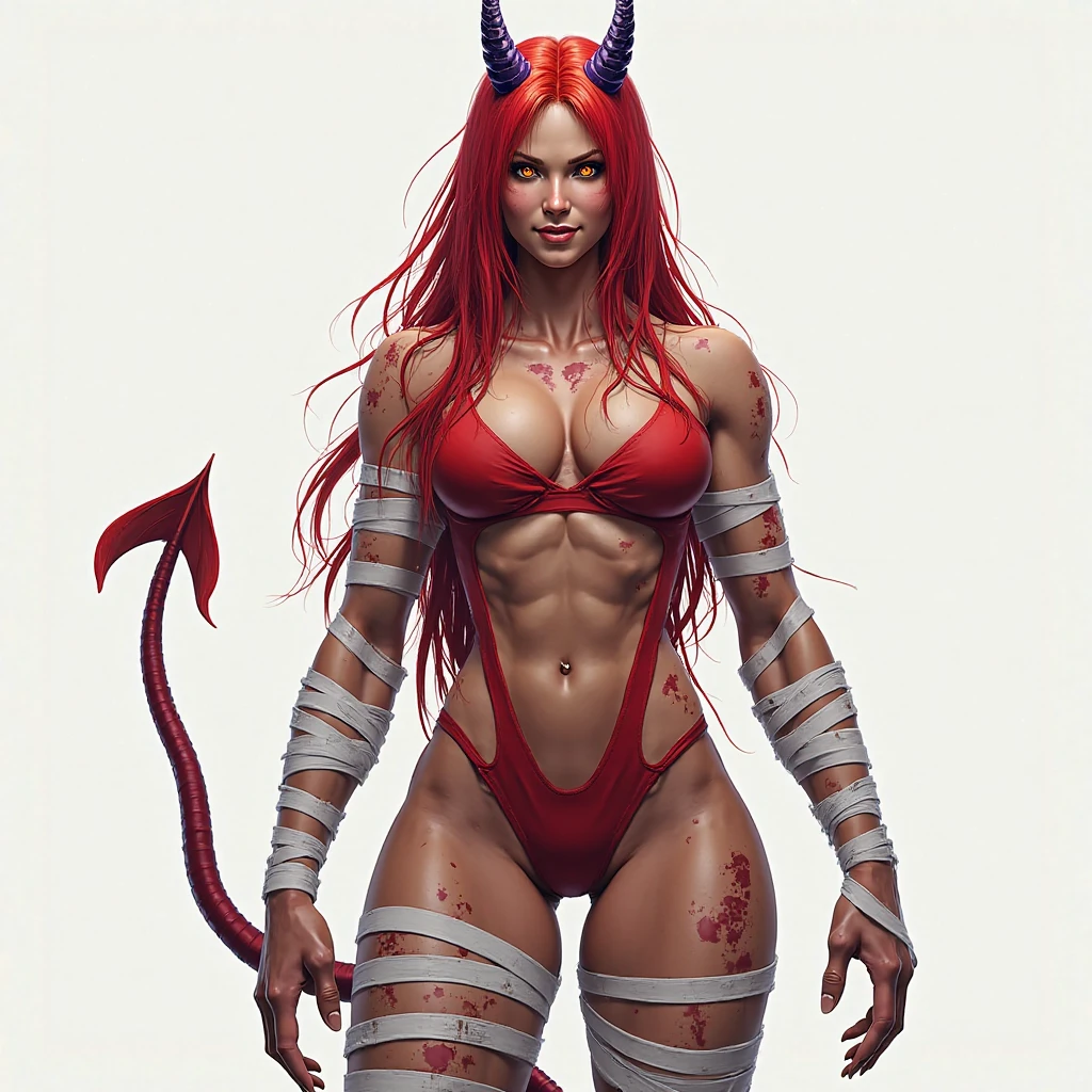 horns, long purple-ish crimson colored hair, colored skin, tail, freckles, black horns, ahoge, open mouth, purple-ish crimson skin, claws, red transparent bra, red transparent panties, biggest boobs ever