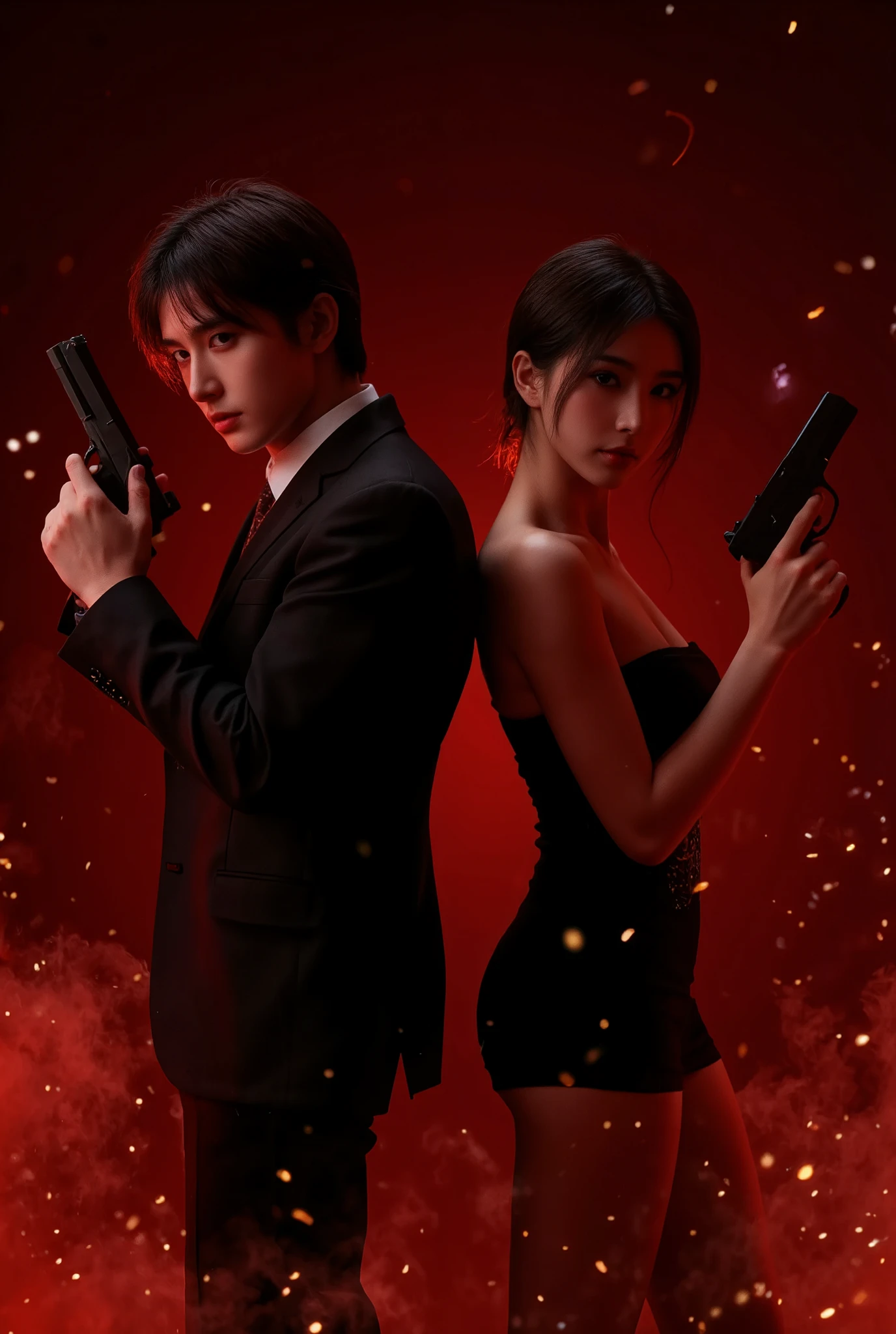 A dramatic and intense featuring two characters standing back-to-back, each holding a gun. One character is a man with messy dark hair and a focused expression, while the other is a woman with sleek hair and a similar intense gaze. The background is a dark, moody red with sparks and glowing particles creating a sense of action and urgency. The overall vibe is mysterious, stylish, and action-packed, perfect for a thriller or crime genre