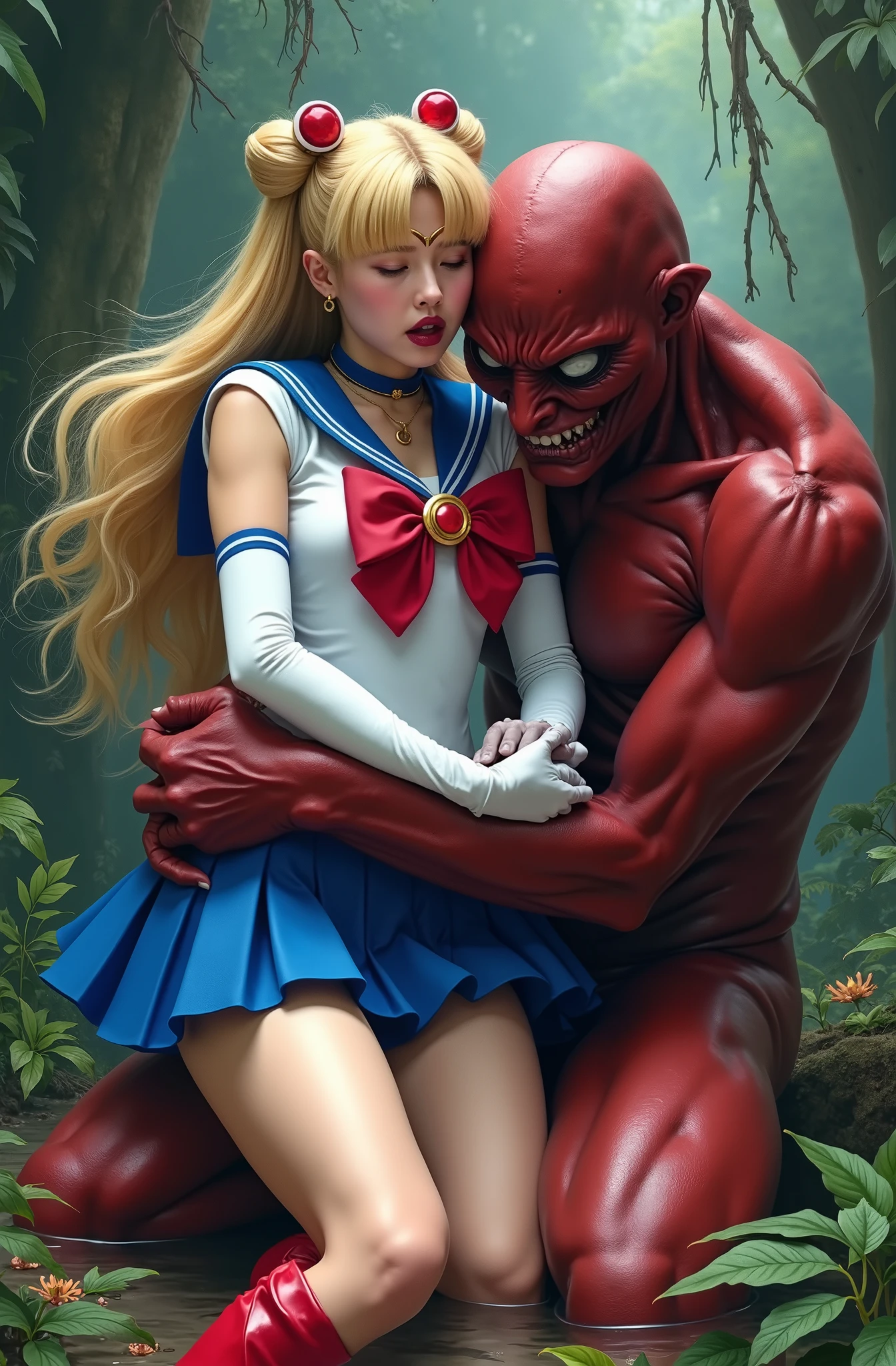Hyperrealism, masterpiece, highest quality, A young Japanese woman is sitting on the devil lap, ((she is crying and screaming in pain)), painful face, she is wearing a Sailor Moon costume, Blue sailor collar, Blue mini pleated skirt, she is wearing pleated skirt, blue pleated skirt, Long white gloves, shiny beige color pantyhose, red high boots, Exposed thighs, red long boots, big choker, long blonde Hair, a devil is kneeling sexual assault her, the devil is hugging her and touching her crotch, the girl push his hand out, in the jungle,