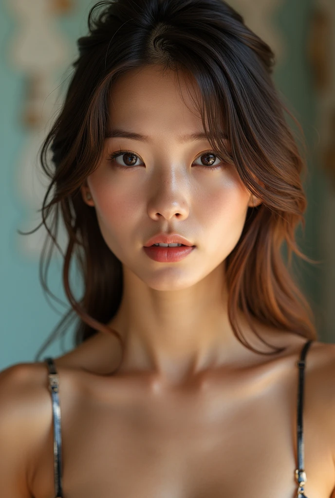 photo brute, femme visage jolie asiatique ;une belle femme de 20 ans ,visage caractere dure et doux, porter une robe noire, mine coquine, ombres dures, porter de vue de face, Éclairage lumineux