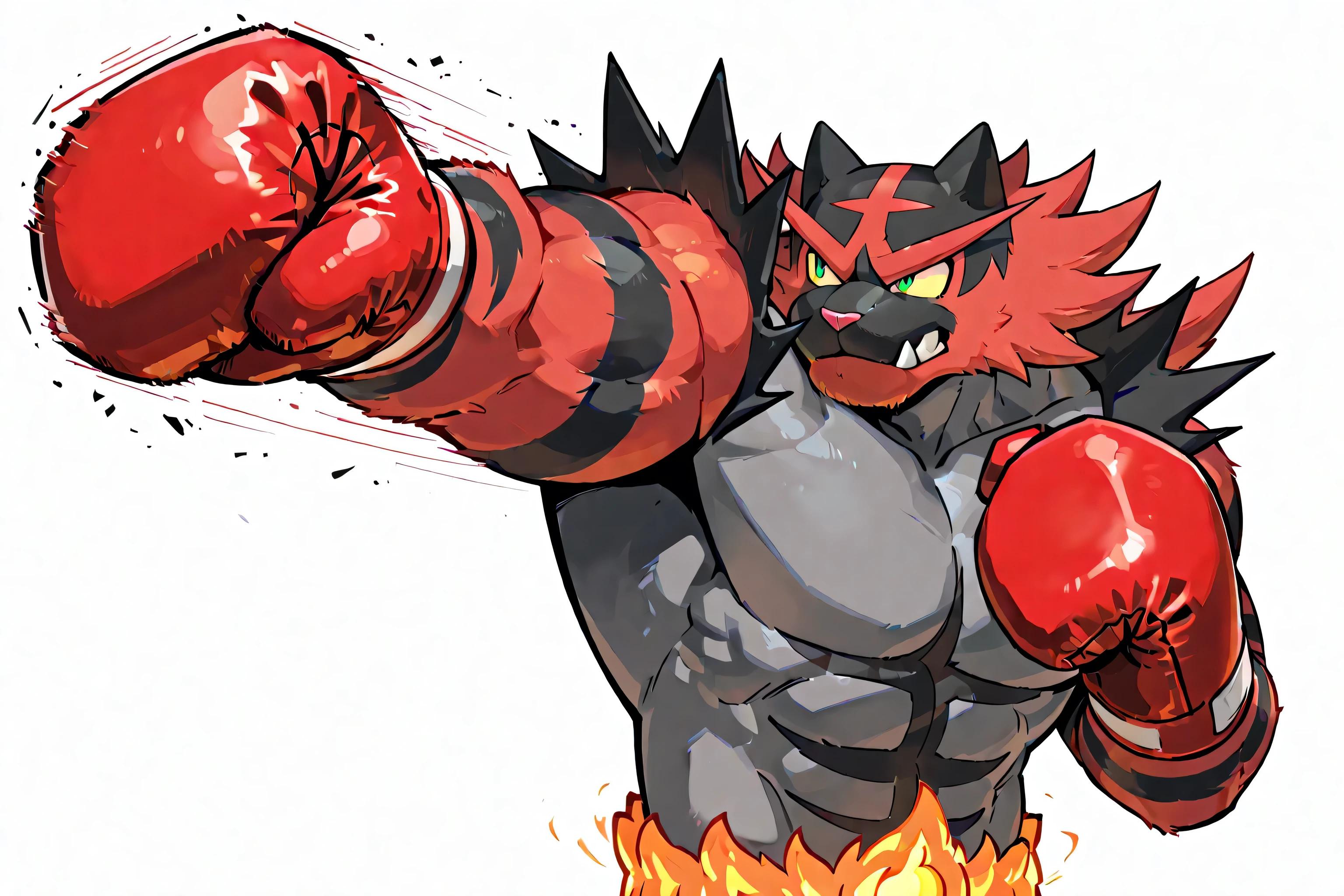 incineroar, anthro, high quality, male, solo, white background, no background, wearing black boxing_gloves, thick arms, boxing gloves, punching, boxing, training, exercising, outstretched arm