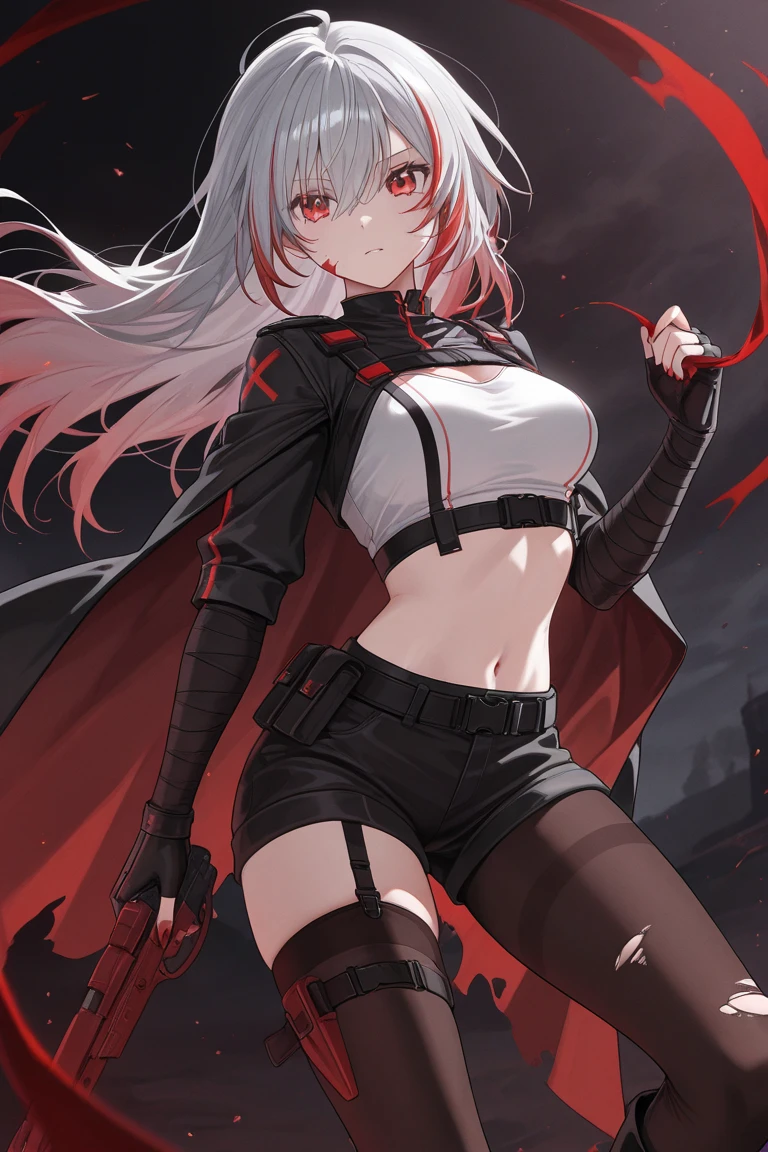 ((Highest quality)), ((masterpiece)), ((detailed)), (4K), 1girl, 独奏, (eyepatch), middle hair, green hair, (red eye), crop top, leather jacket, small breasts, Torn miniskirt, suspender skirt, torn pantyhose, panties under pantyhose, choker, bracelet, (rain), ((wet)), gloves, see through, (expressionless), scowl, (from below), (looking down), looking at viewer, (open legs), wasteland, town