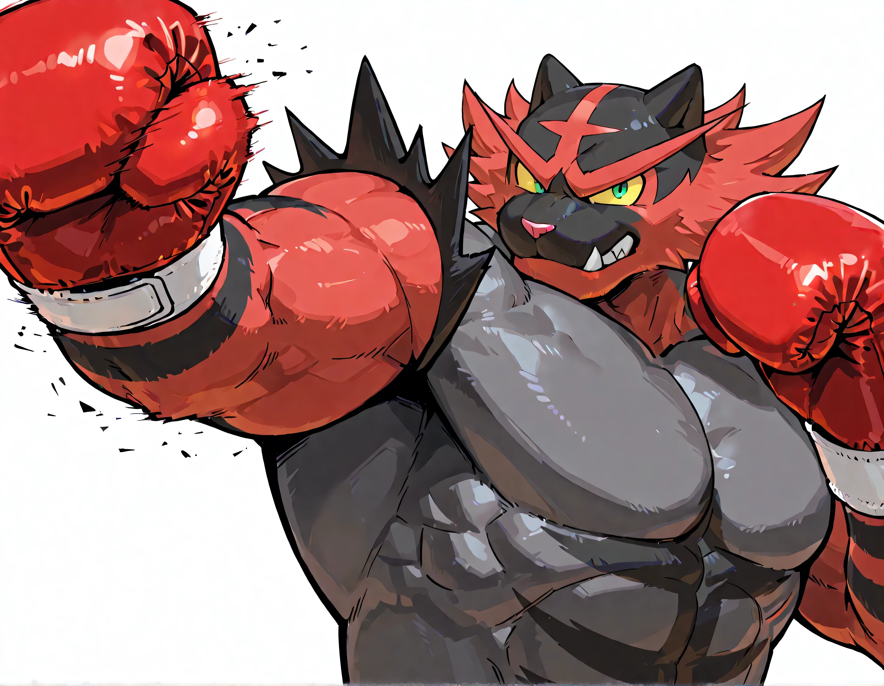 incineroar, anthro, high quality, male, solo, white background, no background, wearing black boxing_gloves, thick arms, boxing gloves, punching, boxing, training, exercising, outstretched arm, looking at viewer