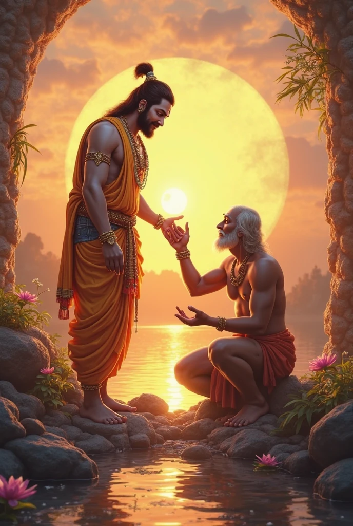 Premanand ji maharaj in orange dress and stand near by hanuman ji 
