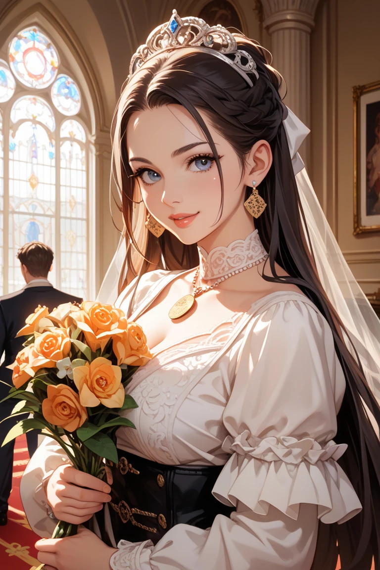 score_9,score_8_up,score_7_up,score_6_up,score_5_up,score_4_up,rating_explicit,1girl,Snow White,cowboy shot,church,wedding dress,holding bridal bouquet,day,close up,happy,smile,<lora:Astraali_SomeStyle_PONY:0.8>