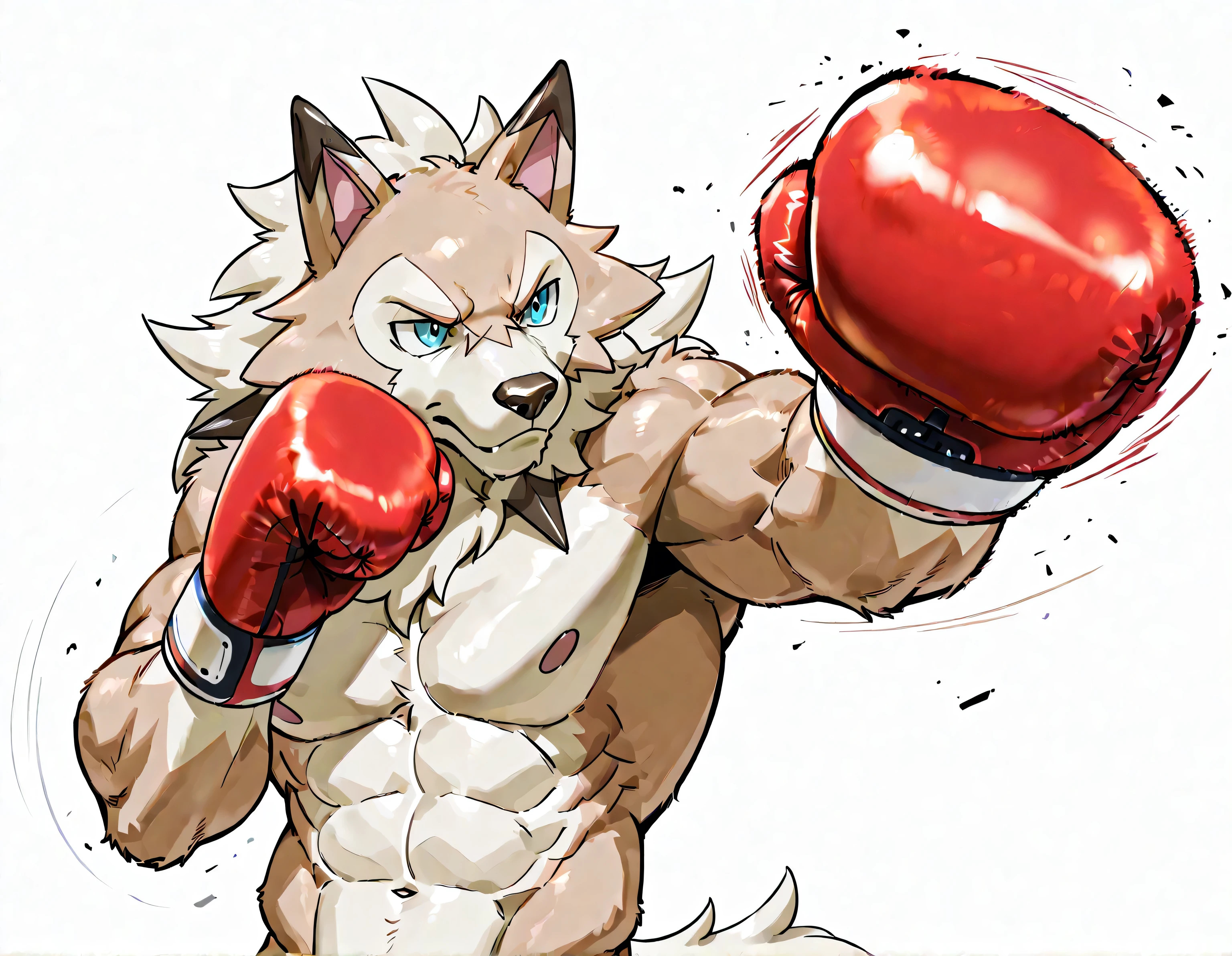 midday lycanroc, anthro, high quality, male, solo, white background, no background, pov_boxing, boxing gloves, punching, boxing, training, exercising, outstretched arm, thick arms, muscular,