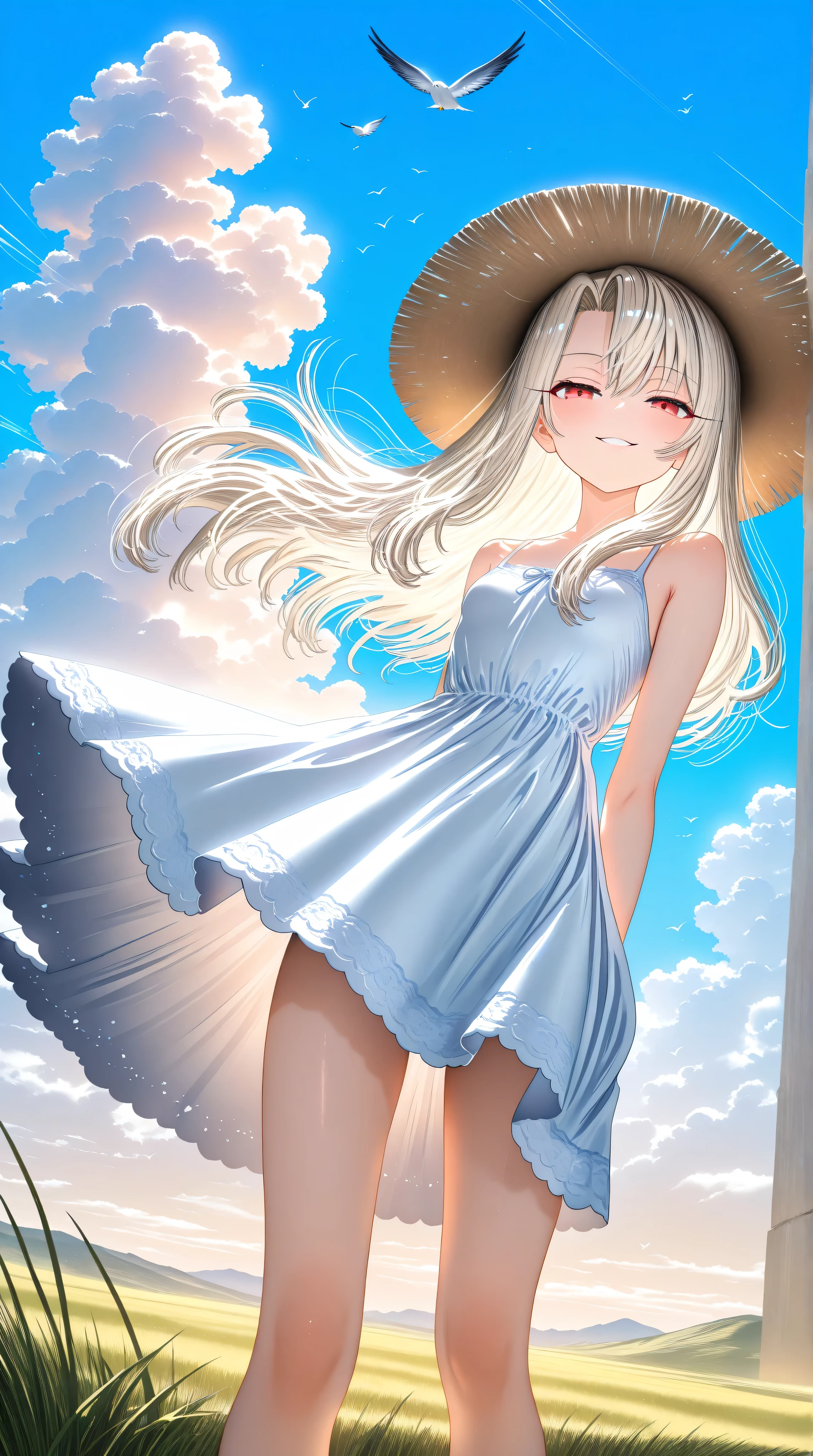 1girl,illyasviel von einzbern,,seductive smile,red eyes,half closed eyes,bare foot,white hair,straw hat,white dress,wind,cowboy shot,(close-up:1.3),dynamic pose, day,blue_sky,bird,grass,cloudy_sky,scenery,cumulonimbus_cloud, minimalistic,,8k wallpaper,soft pastel,hdr,low contrast,masterpiece,best quality,absurdres,highres,perfect anatomy,anime style,anime screenshot,ultra high quality,extremely detailed cg,perfect lighting,(sharp image), (artist:loika:0.5),(artist:xiaoshou xiansheng:0.8),artist:rin31153336,artist:gawako