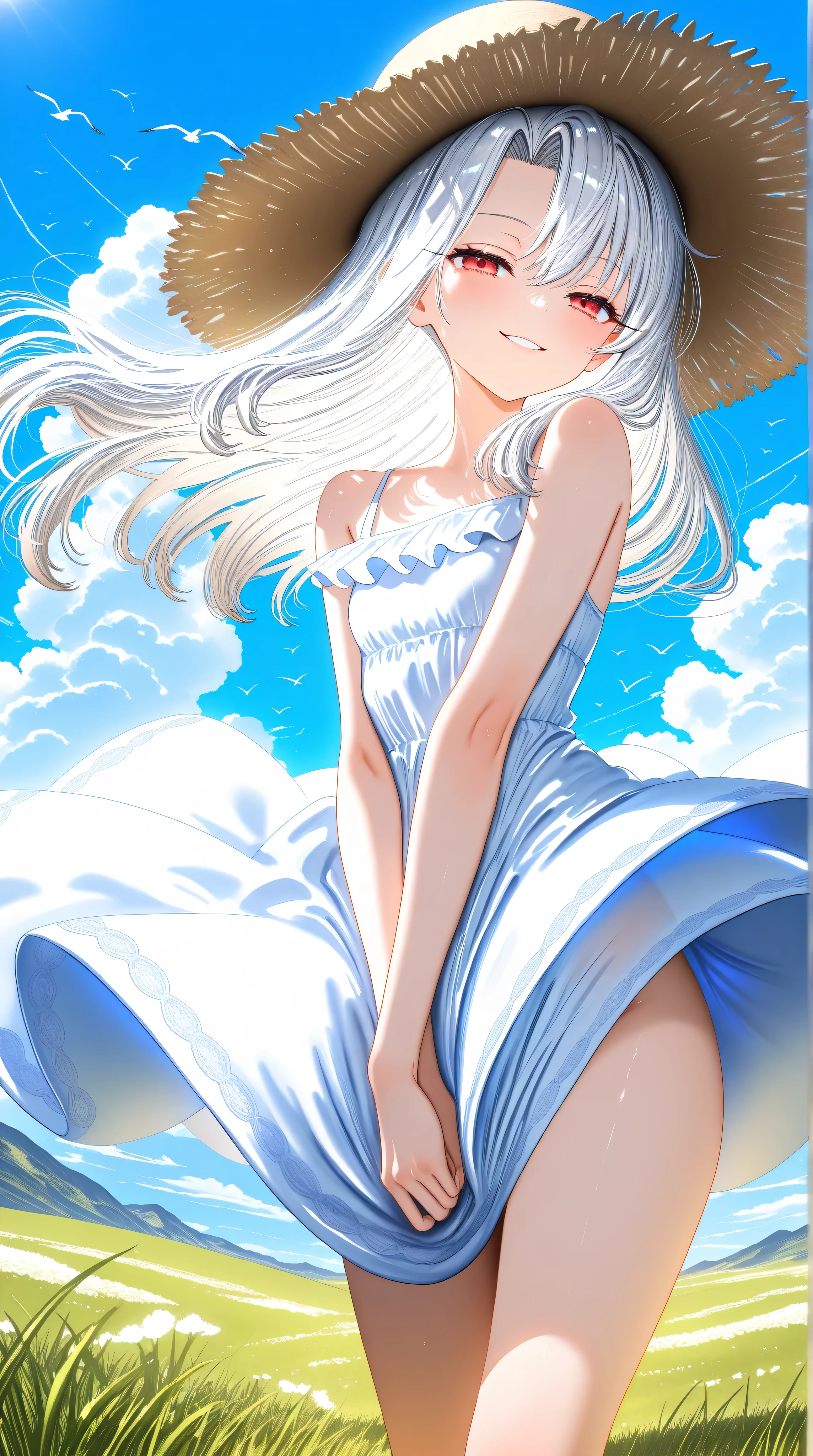 1girl,illyasviel von einzbern,,seductive smile,red eyes,half closed eyes,bare foot,white hair,straw hat,white dress,wind,cowboy shot,(close-up:1.3),dynamic pose, day,blue_sky,bird,grass,cloudy_sky,scenery,cumulonimbus_cloud, minimalistic,,8k wallpaper,soft pastel,hdr,low contrast,masterpiece,best quality,absurdres,highres,perfect anatomy,anime style,anime screenshot,ultra high quality,extremely detailed cg,perfect lighting,(sharp image), (artist:loika:0.5),(artist:xiaoshou xiansheng:0.8),artist:rin31153336,artist:gawako